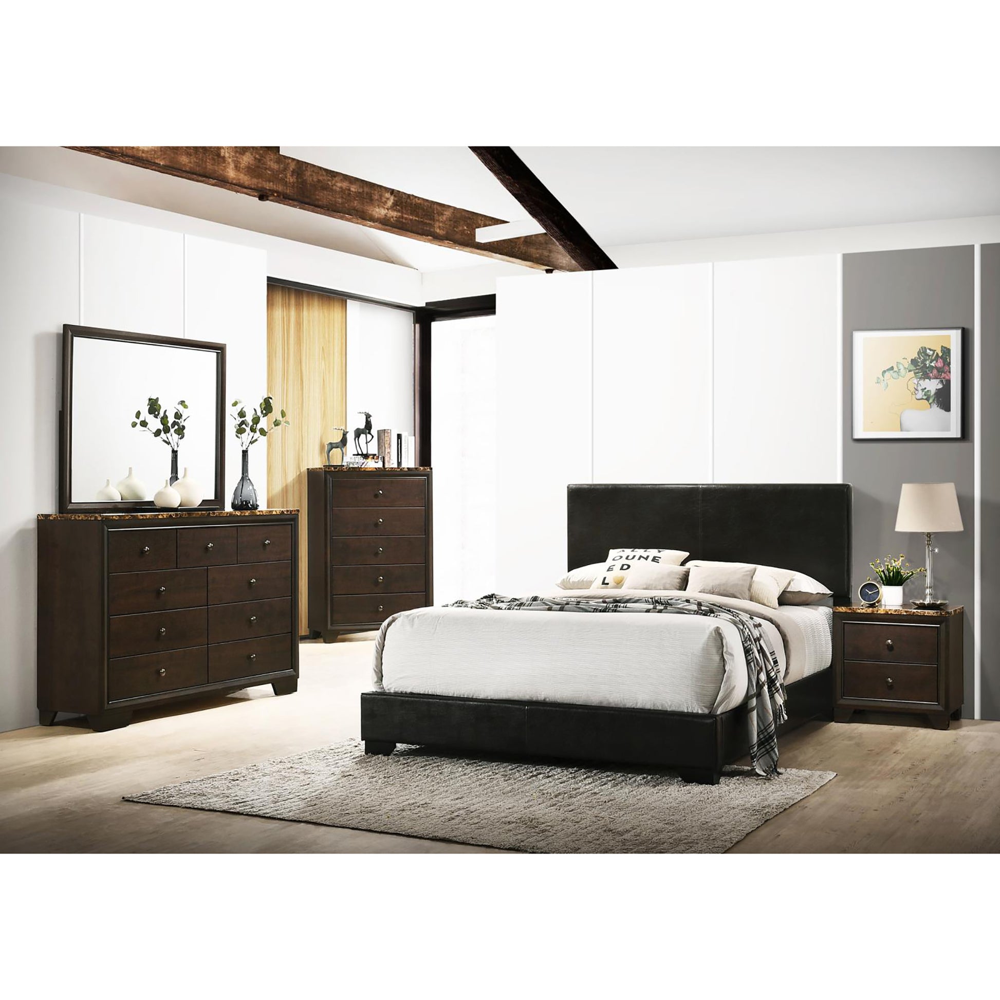 Black Queen Panel Bed Queen Black Wood Bedroom Transitional Rubberwood Panel Upholstered