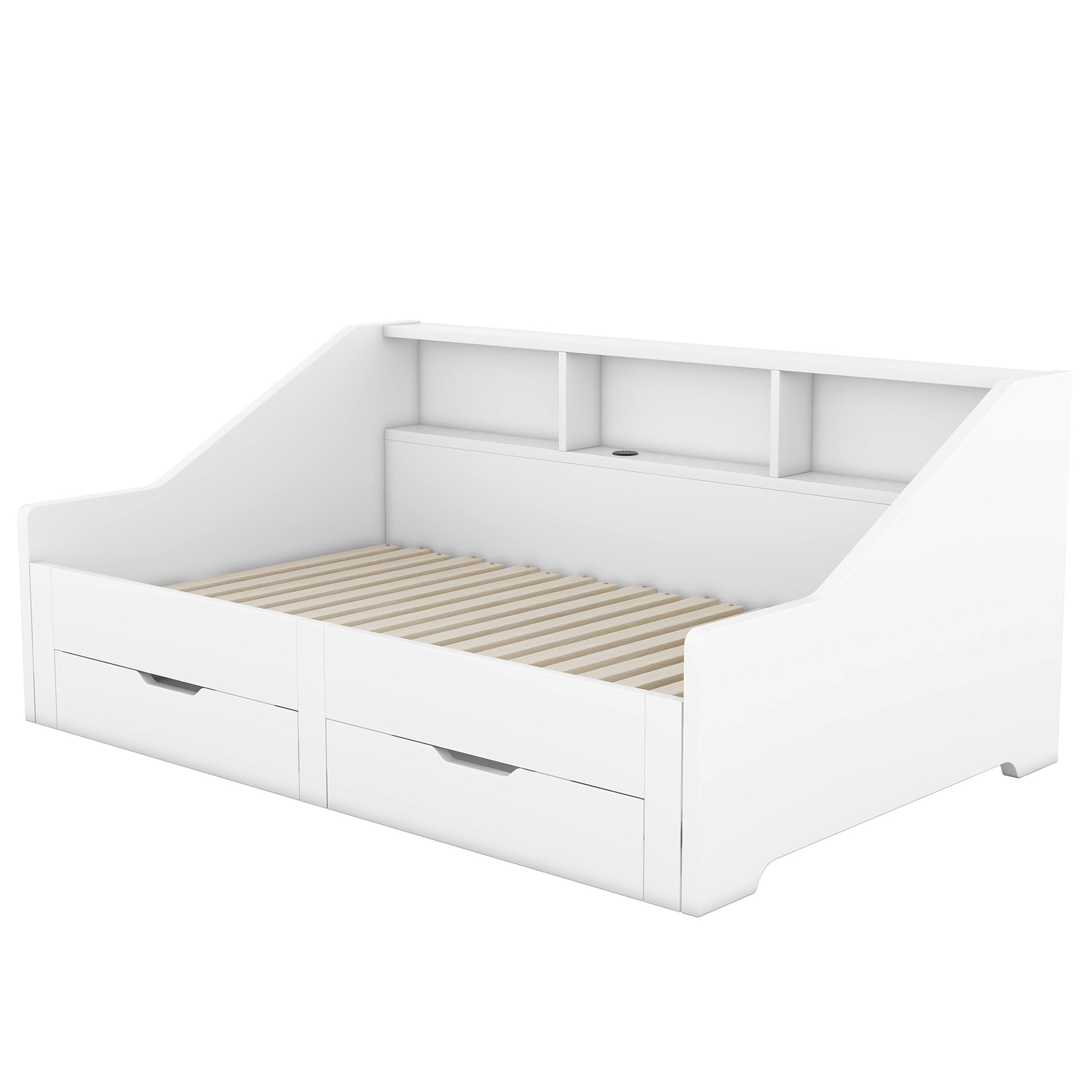 Twin To King Size Daybed Frame With Storage Bookcases And Two Drawers,Charging Design,White White Solid Wood Mdf