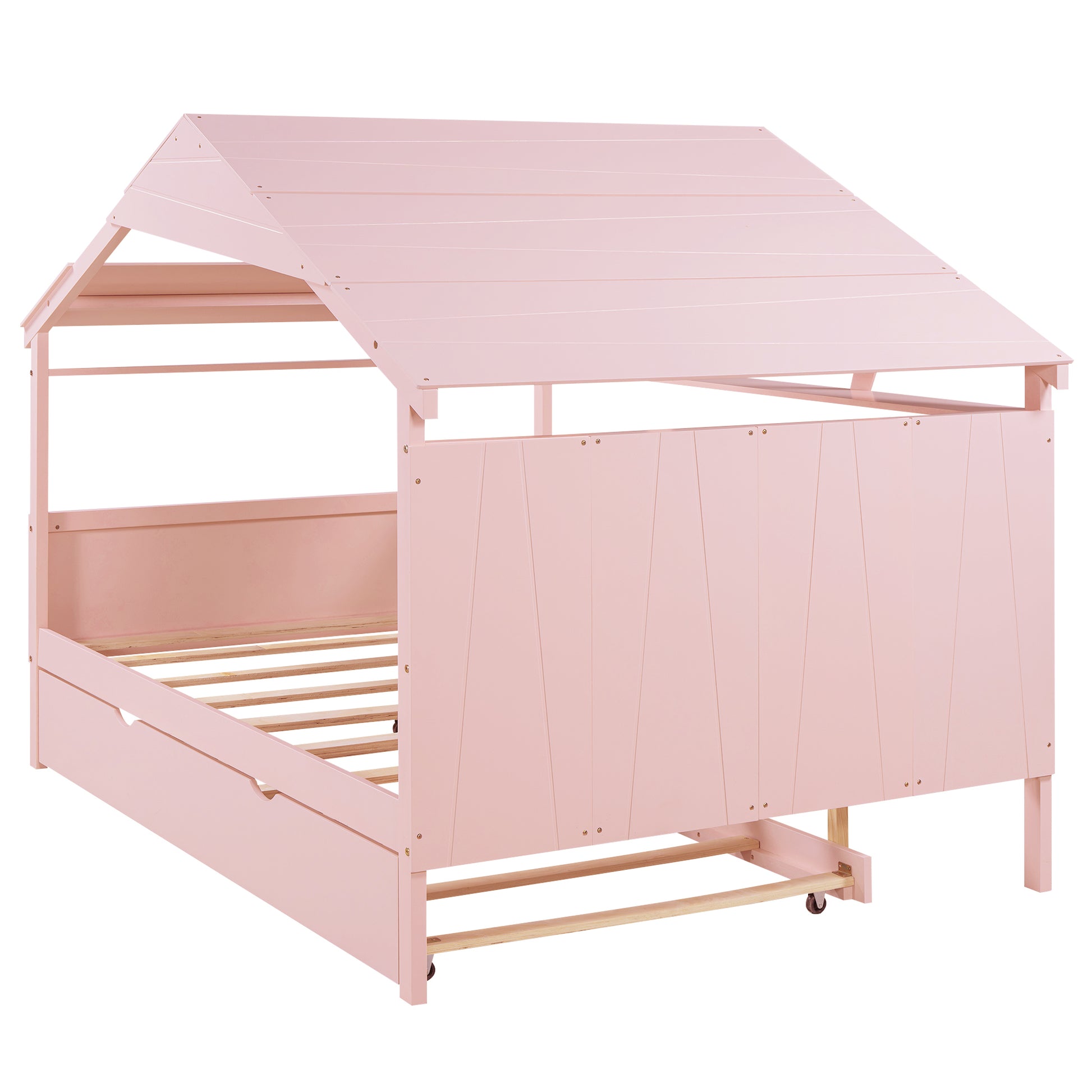 Wood Full Size House Bed With Twin Size Trundle And Storage, Pink Box Spring Not Required Full Pink Wood Bedroom Solid Wood Mdf