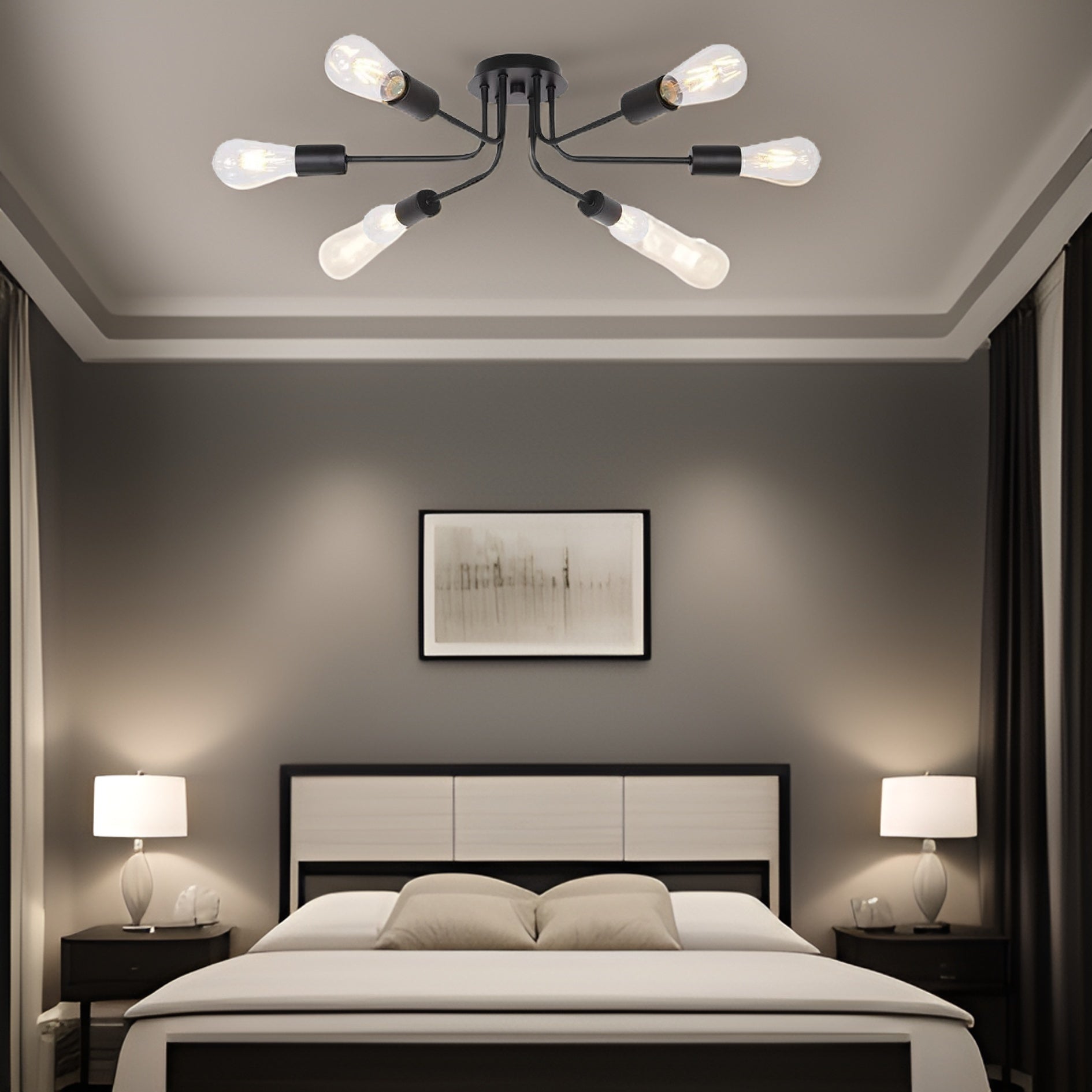 Modern Sputnik Chandelier 6 Light Semi Flush Mount Ceiling Lighting Cotemporary Industrial Brushed Nickel Ceiling Fixture Black Metal