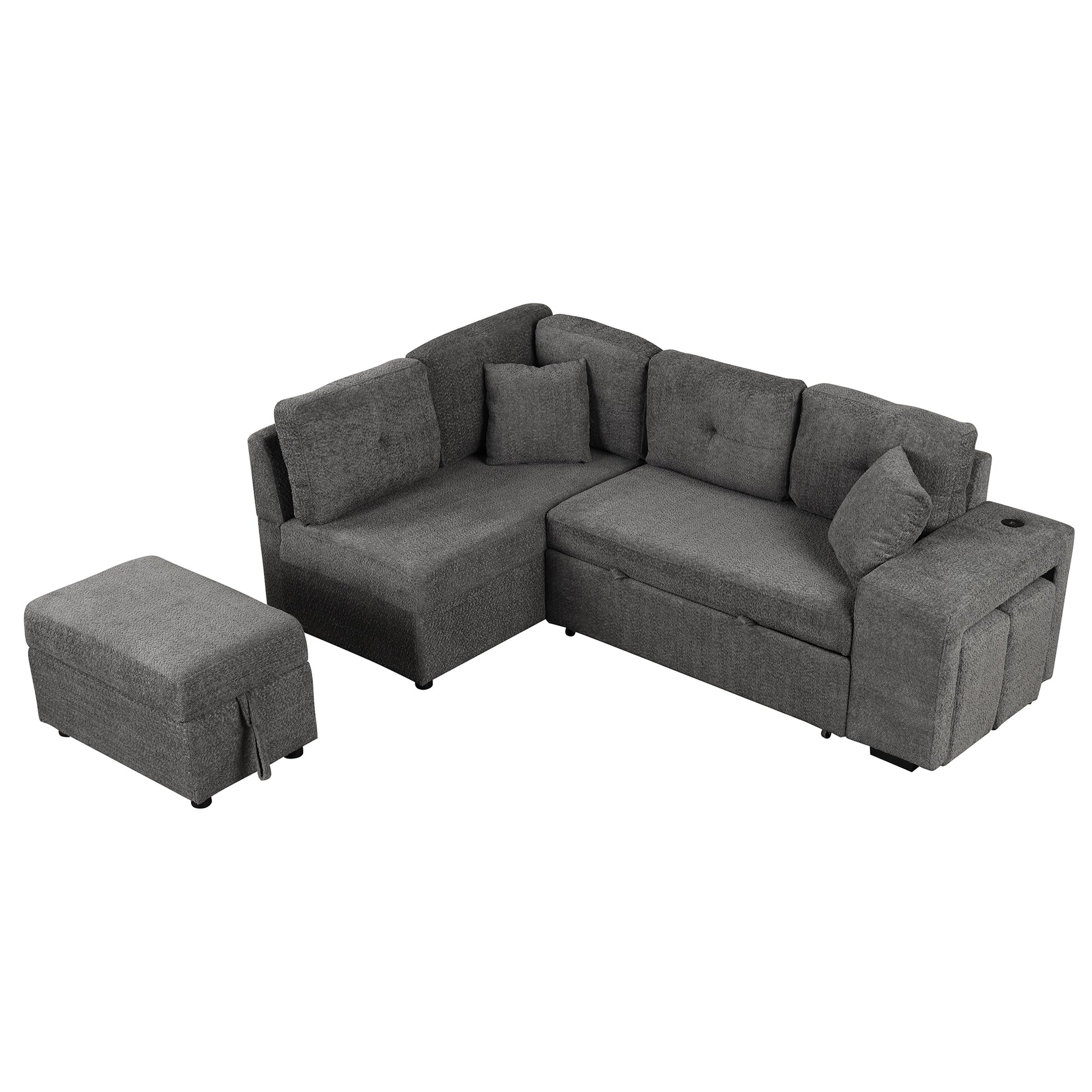 87.7" Convertible Sleeper, Sectional Pull Out Sofa Bed With Storage Ottoman, 2 Throw Pillows, 2 Stools, Wireless Charger And Two Hidden Usb Ports For Living Room, Dark Gray Dark Gray Chenille 4 Seat