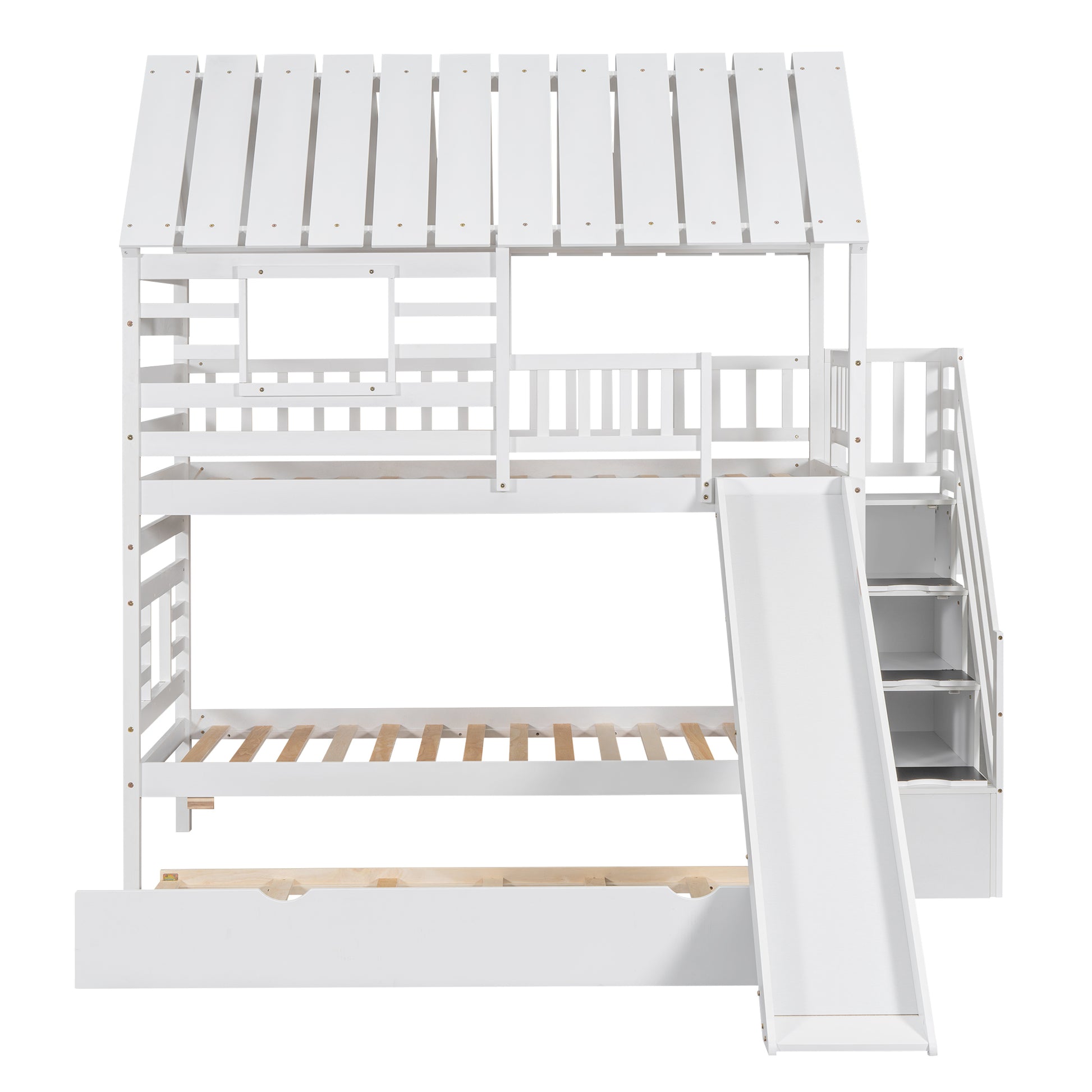 Twin Over Twin House Bunk Bed With Trundle And Slide, Storage Staircase, Roof And Window Design, White Old Sku: Gx000931Aak Box Spring Not Required Twin White Wood Bedroom Bunk Pine