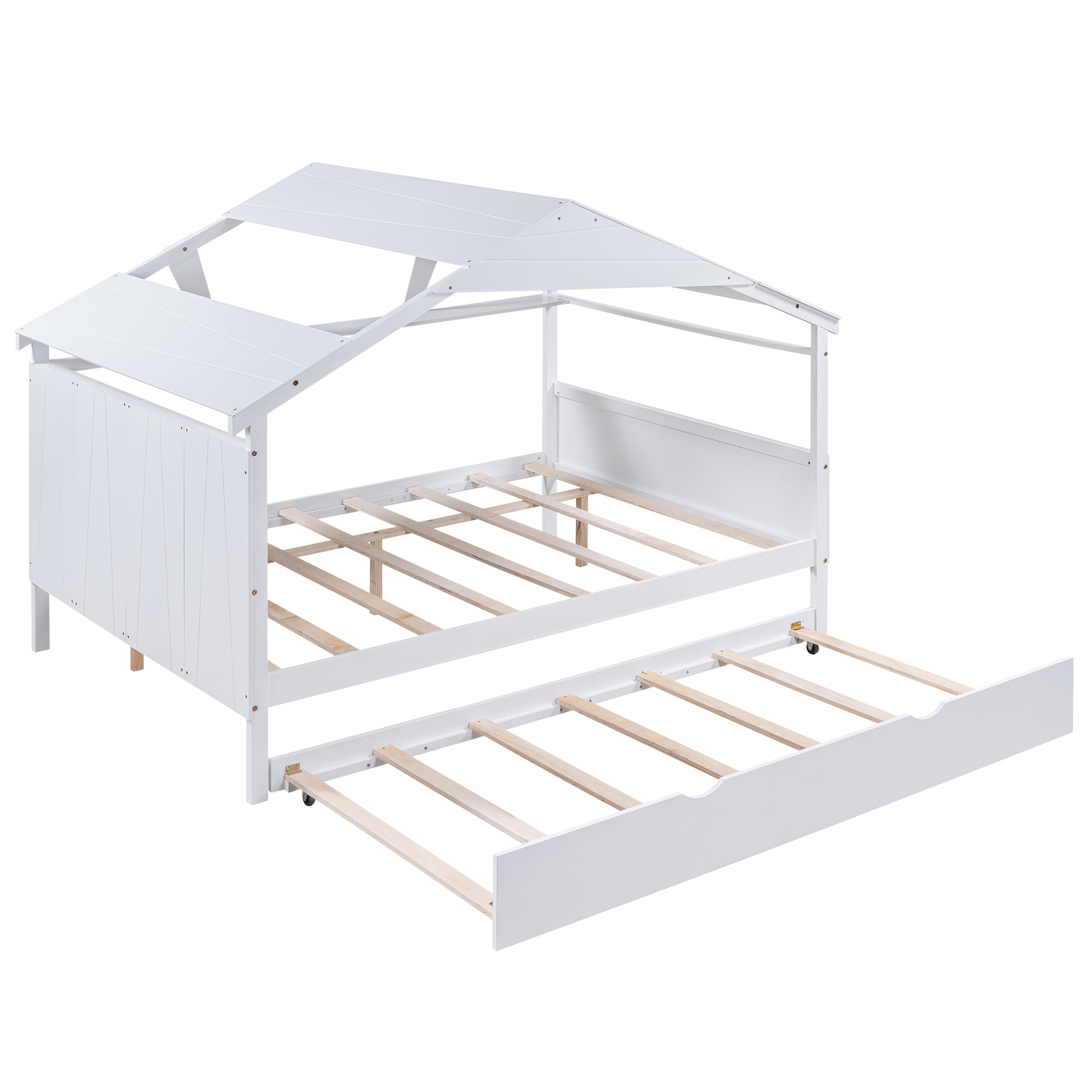 Wood Full Size House Bed With Twin Size Trundle And Storage, White Box Spring Not Required Full White Wood Bedroom Solid Wood Mdf