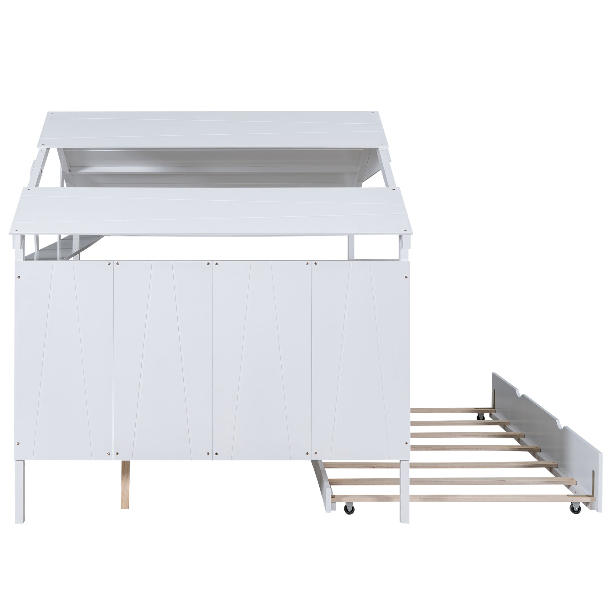 Wood Full Size House Bed With Twin Size Trundle And Storage, White Box Spring Not Required Full White Wood Bedroom Solid Wood Mdf