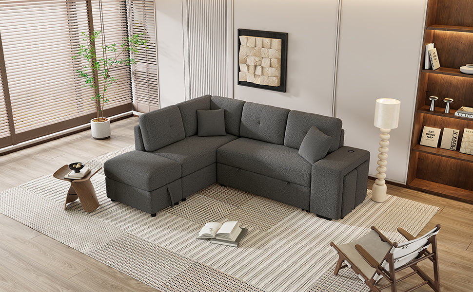 87.7" Convertible Sleeper, Sectional Pull Out Sofa Bed With Storage Ottoman, 2 Throw Pillows, 2 Stools, Wireless Charger And Two Hidden Usb Ports For Living Room, Dark Gray Dark Gray Chenille 4 Seat