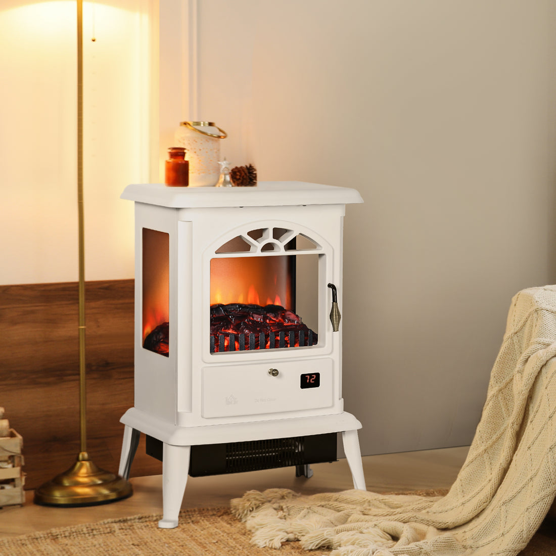 Homcom 23" Electric Infrared Fireplace Stove, Freestanding Fire Place Heater With Realistic Log Flame, Adjustable Temperature, Timer, 1000W 1500W, White White Abs