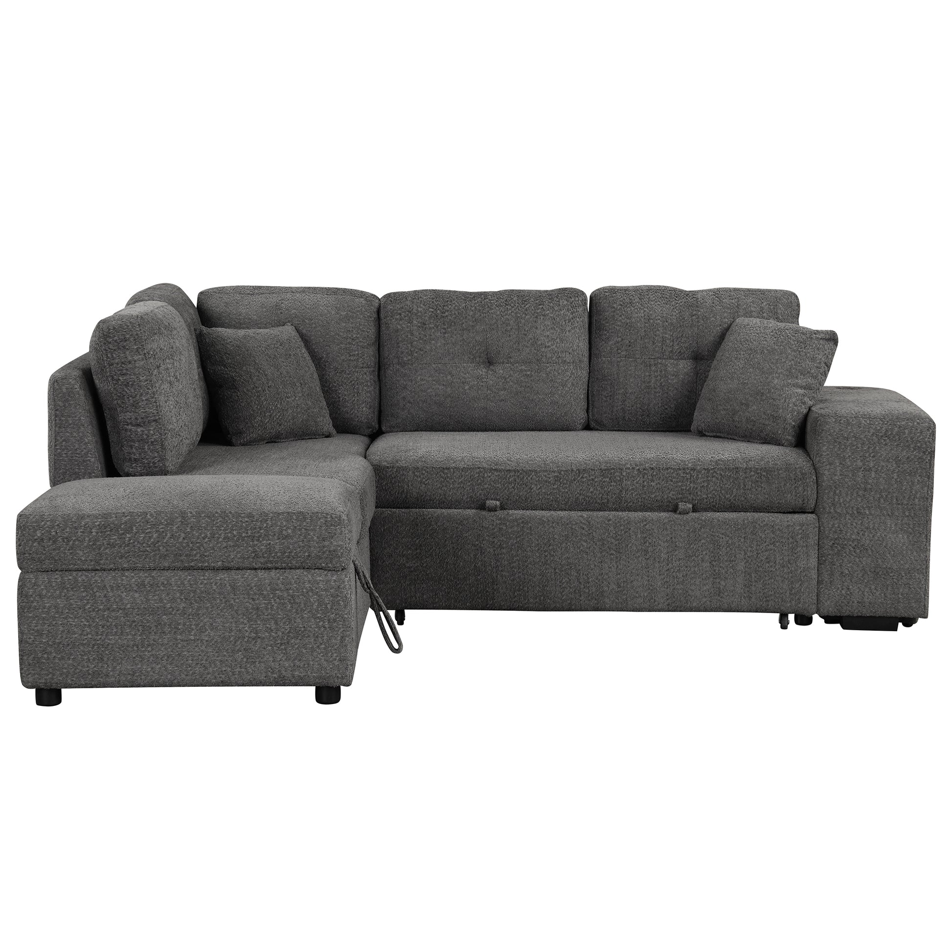 87.7" Convertible Sleeper, Sectional Pull Out Sofa Bed With Storage Ottoman, 2 Throw Pillows, 2 Stools, Wireless Charger And Two Hidden Usb Ports For Living Room, Dark Gray Dark Gray Chenille 4 Seat