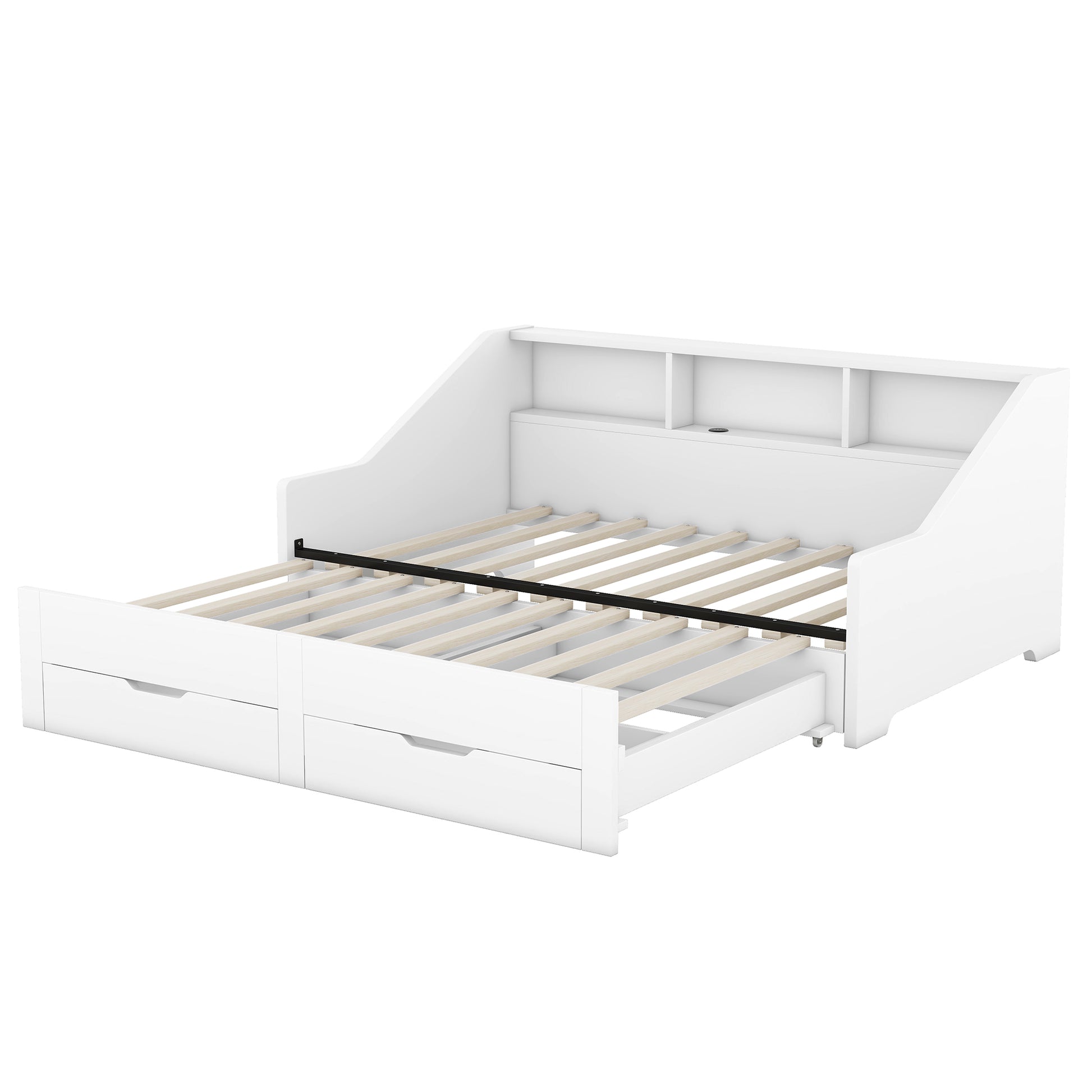 Twin To King Size Daybed Frame With Storage Bookcases And Two Drawers,Charging Design,White White Solid Wood Mdf