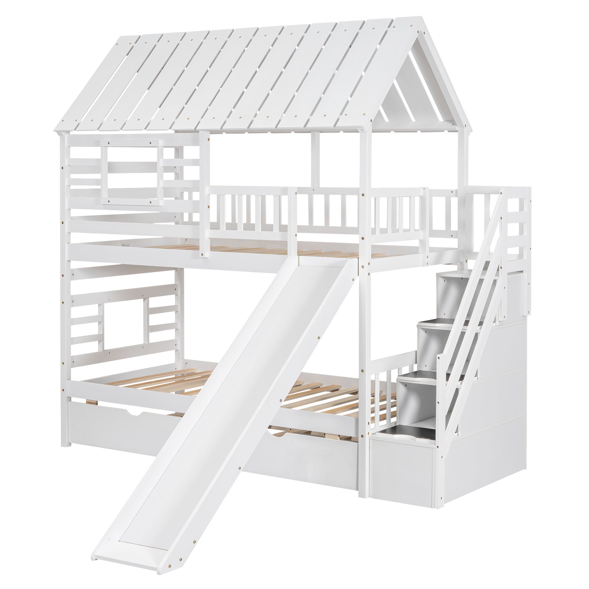 Twin Over Twin House Bunk Bed With Trundle And Slide, Storage Staircase, Roof And Window Design, White Old Sku: Gx000931Aak Box Spring Not Required Twin White Wood Bedroom Bunk Pine