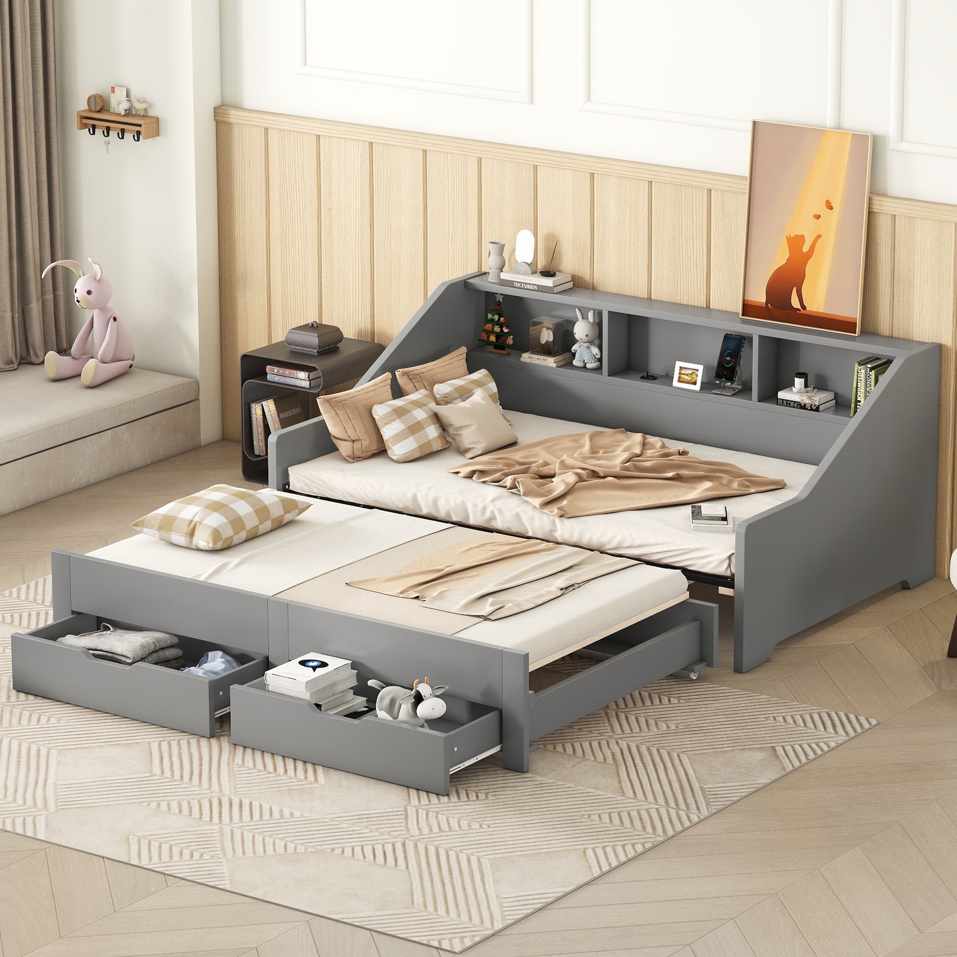 Twin To King Size Daybed Frame With Storage Bookcases And Two Drawers,Charging Design,Gray Gray Solid Wood Mdf