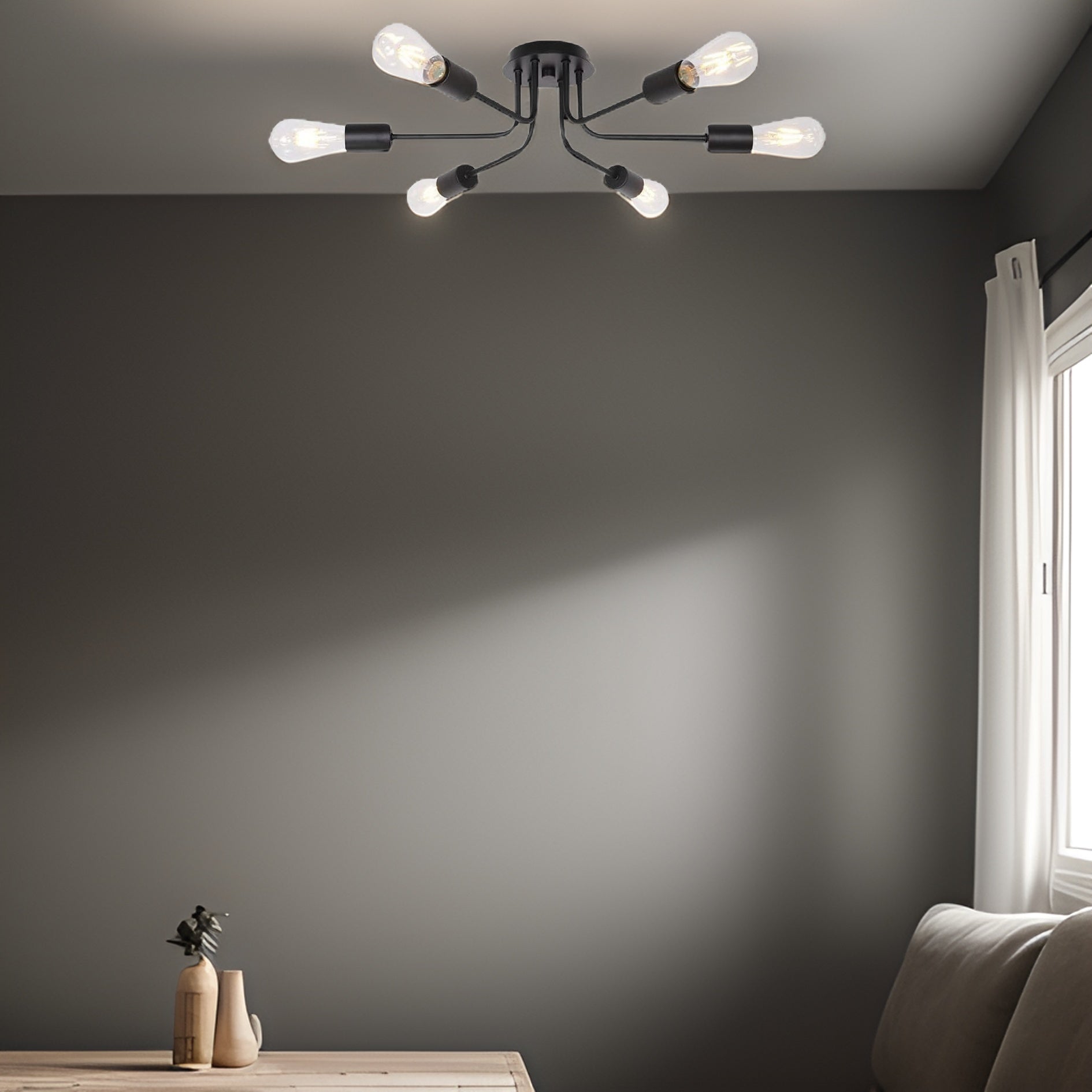 Modern Sputnik Chandelier 6 Light Semi Flush Mount Ceiling Lighting Cotemporary Industrial Brushed Nickel Ceiling Fixture Black Metal