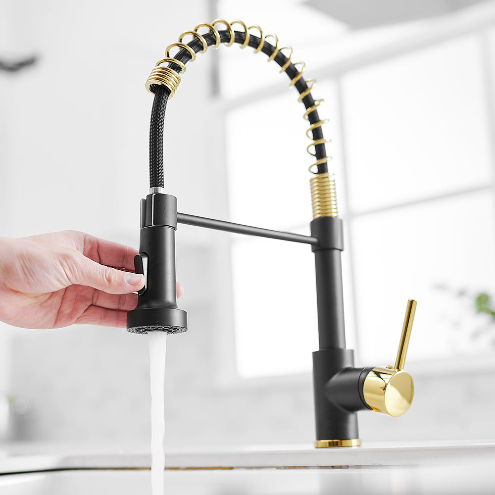 Commercial Kitchen Faucet With Pull Down Sprayer, Single Handle Single Lever Kitchen Sink Faucet Black Gold Kitchen Contemporary Ceramic Brass