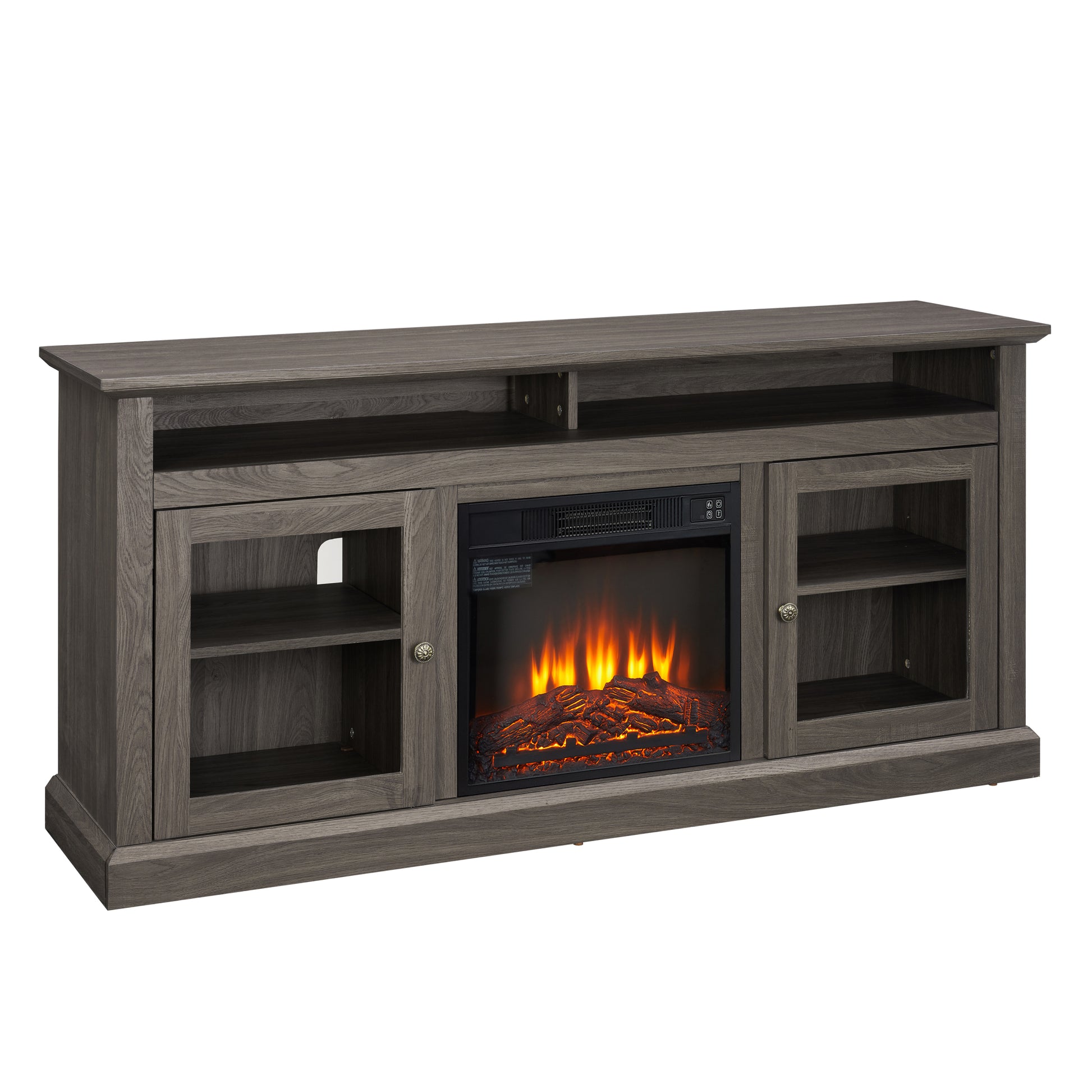 Contemporary Tv Media Stand Modern Entertainment Console With 18" Fireplace Insert For Tv Up To 65" With Open And Closed Storage Space, Dark Walnut Black, 60"W*15.75"D*29"H Black Dark Walnut Primary Living Space 60 69 Inches 60 69 Inches 65 Inches Mdf