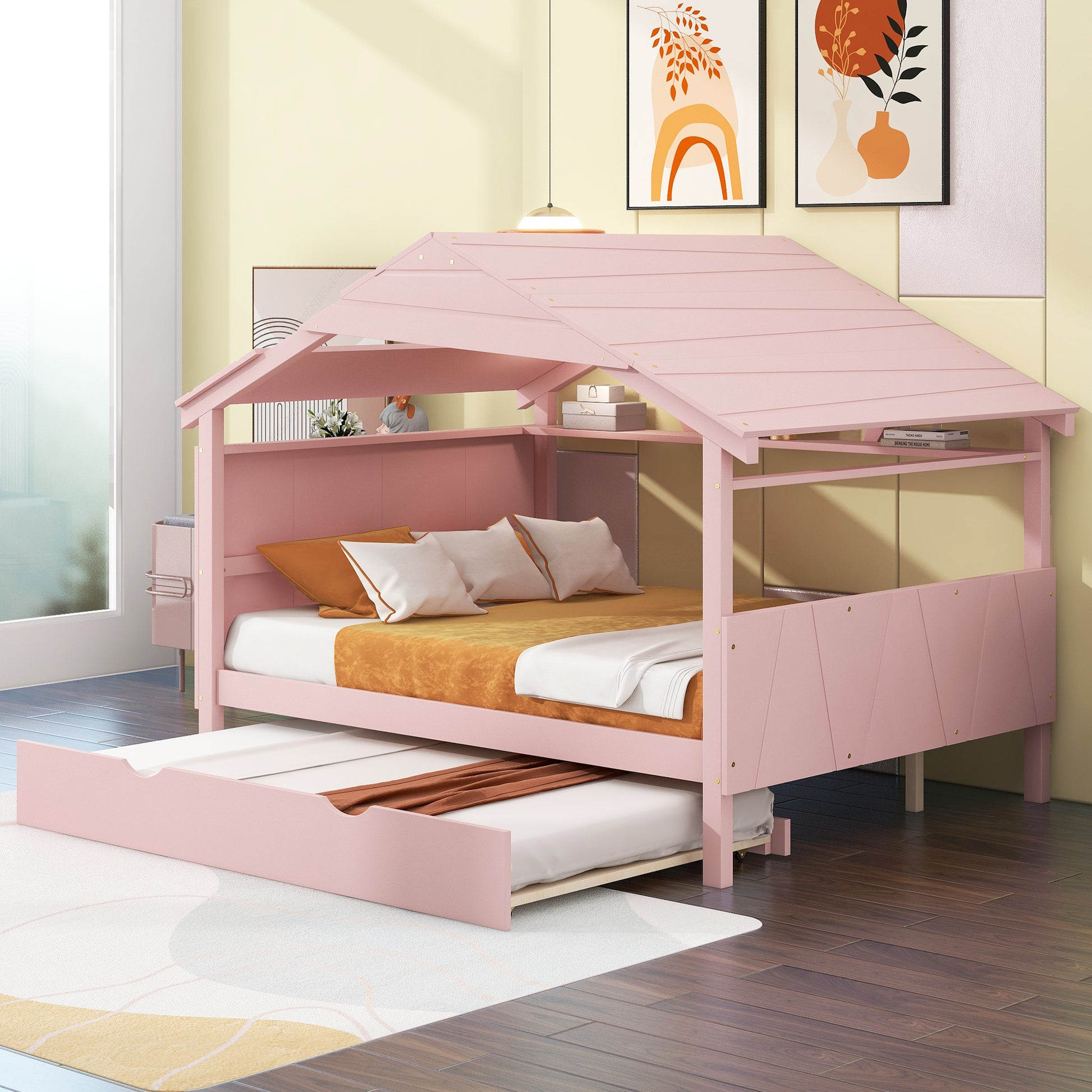 Wood Full Size House Bed With Twin Size Trundle And Storage, Pink Box Spring Not Required Full Pink Wood Bedroom Solid Wood Mdf