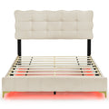 Queen Size Velvet Platform Bed With Led Frame And Stylish Mental Bed Legs, Beige Beige Velvet