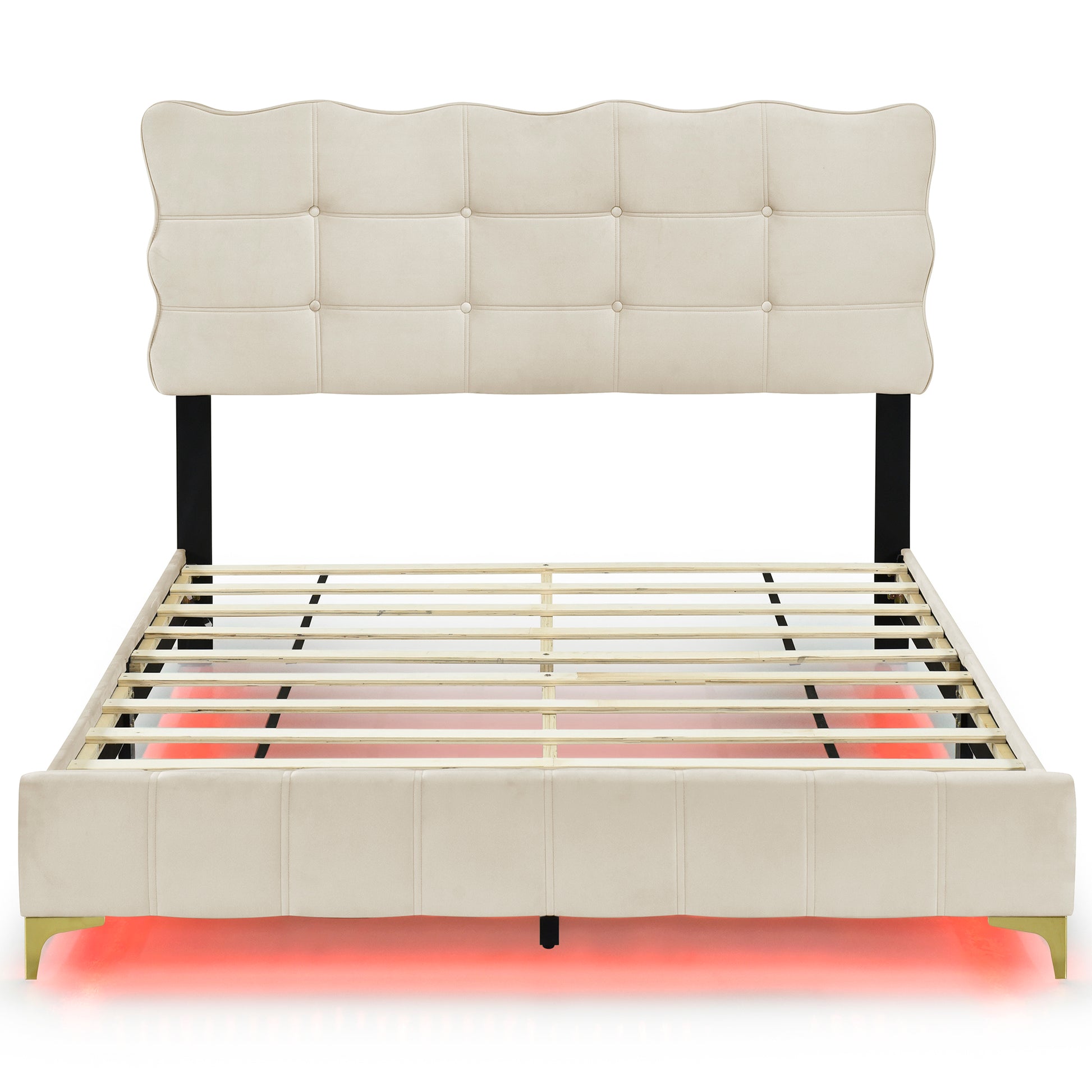 Queen Size Velvet Platform Bed With Led Frame And Stylish Mental Bed Legs, Beige Beige Velvet