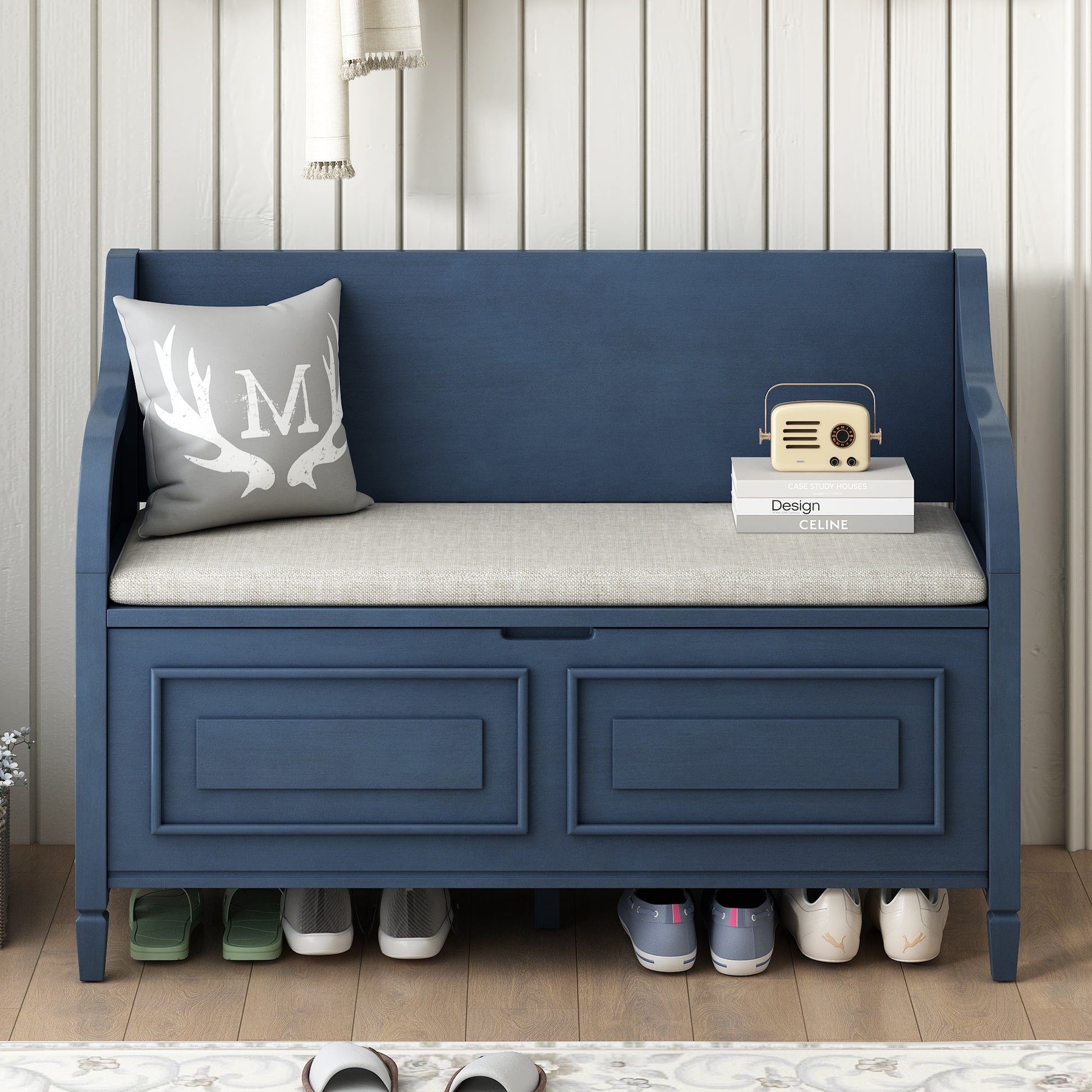 Rustic Style Solid Wood Entryway Multifunctional Storage Bench With Safety Hinge Antique Navy Beige High Back Antique Navy Primary Living Space Beige Mdf