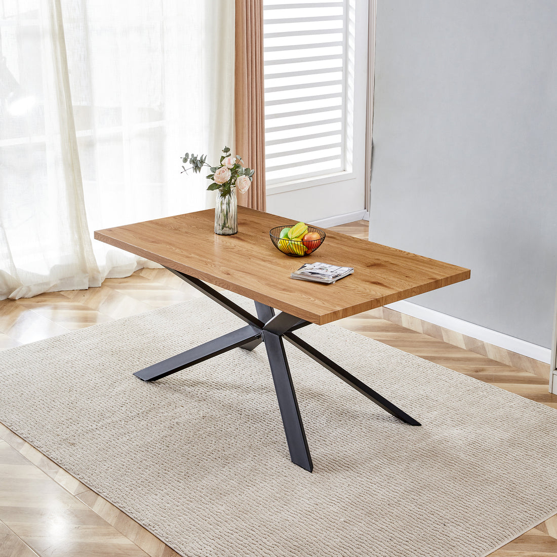 63 Inch, Rectangle Dining Table Set For 4 6 People, Oak Wood Effect, Ideal For Kitchen, Dining, Living, Meeting, Banquet Oak Dining Room Modern Rectangular Kitchen & Dining Tables Mdf Steel