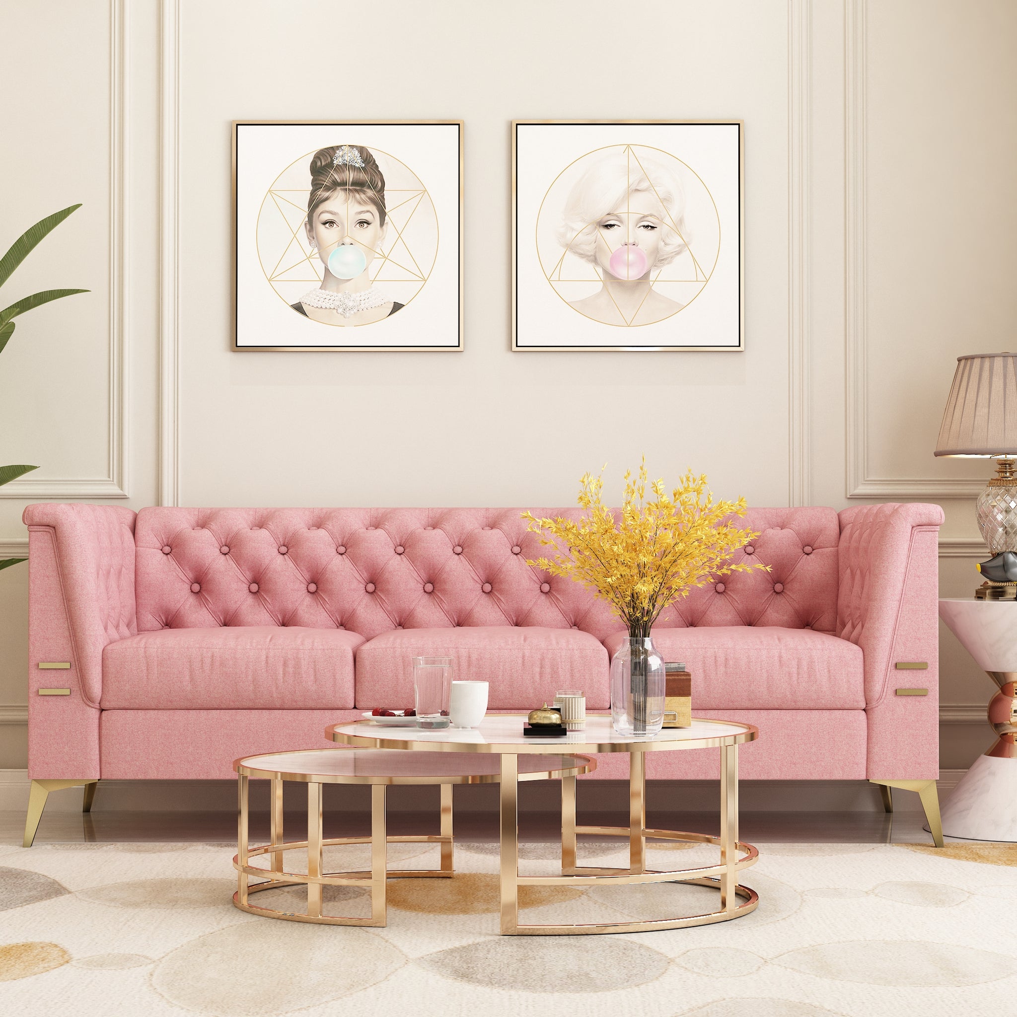 Fx P83 Pk2 Sofa Modern Velvet Living Room Chesterfield Design 82.7Inch Wide Pink 3 Seat Sofa Pink Velvet 3 Seat