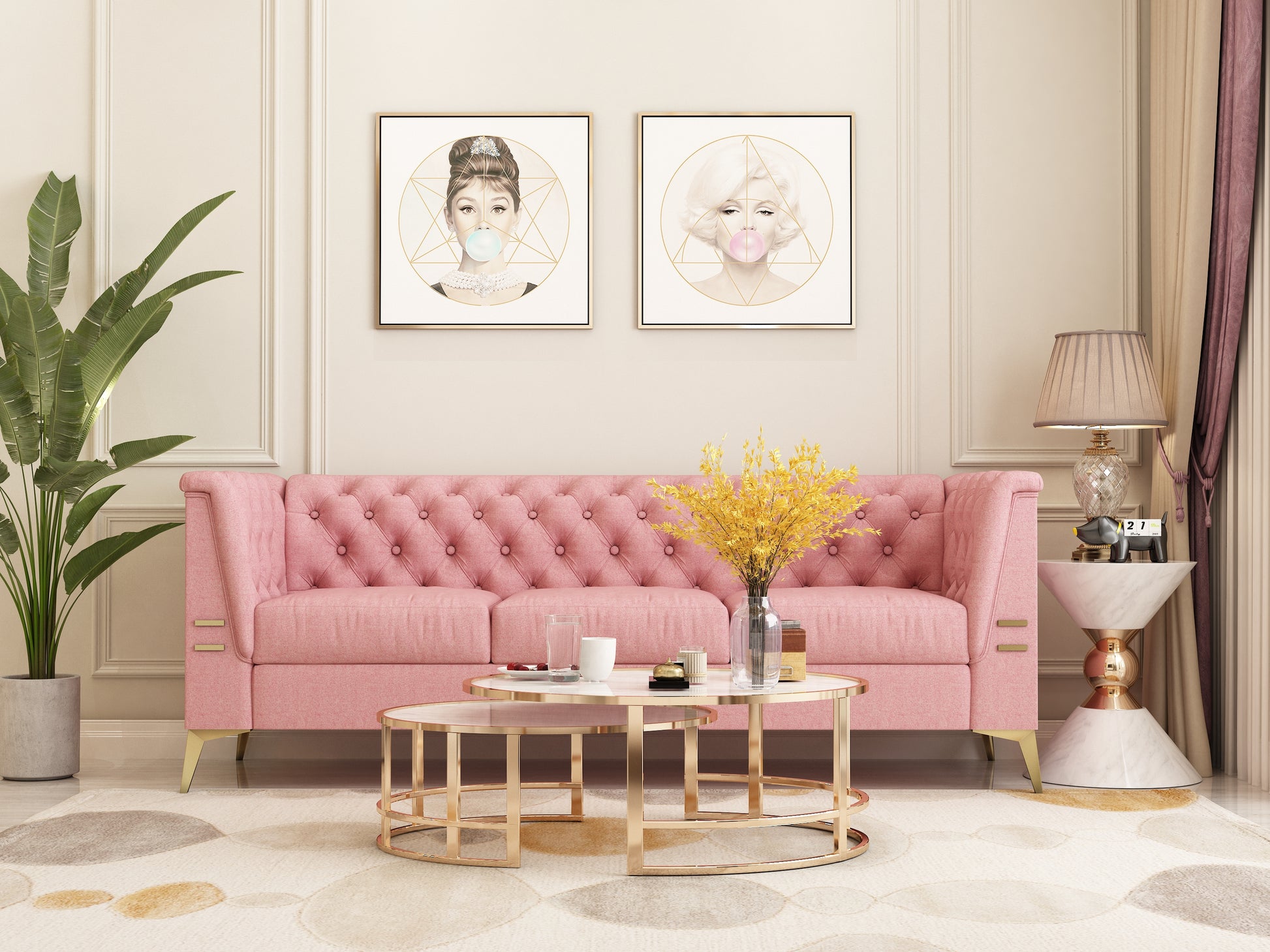 Fx P83 Pk2 Sofa Modern Velvet Living Room Chesterfield Design 82.7Inch Wide Pink 3 Seat Sofa Pink Velvet 3 Seat