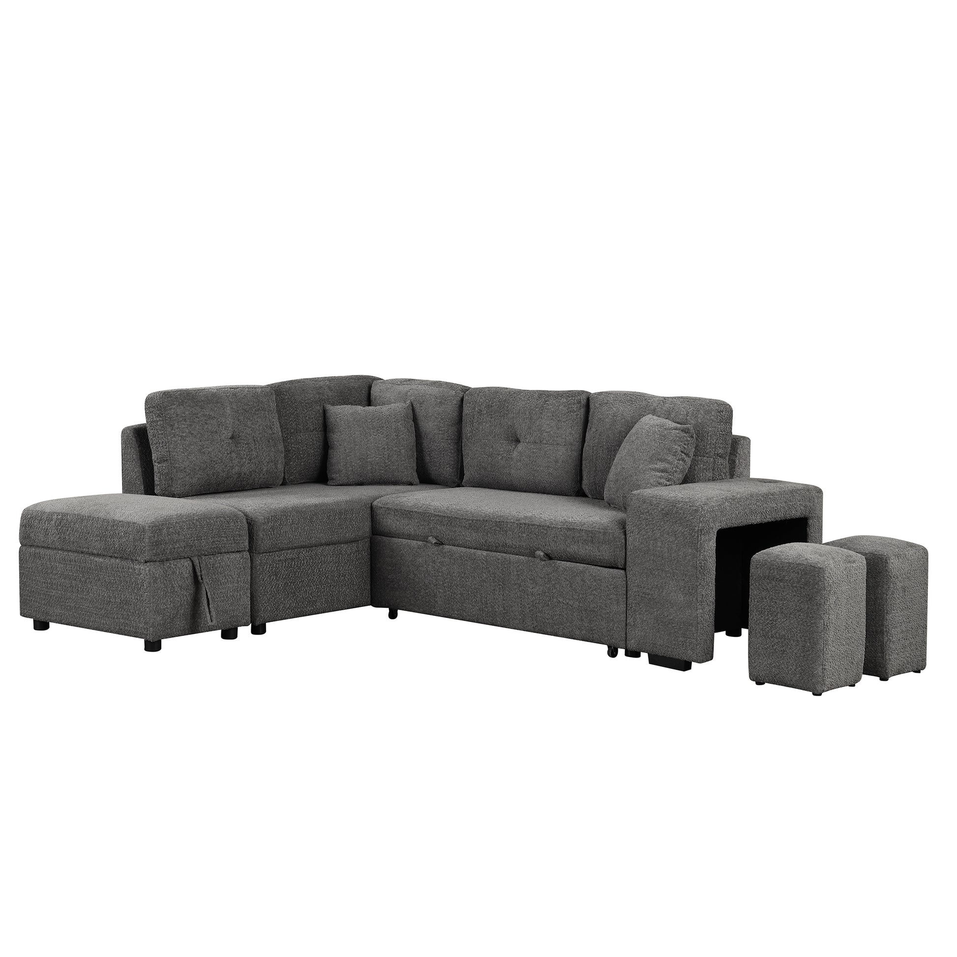 87.7" Convertible Sleeper, Sectional Pull Out Sofa Bed With Storage Ottoman, 2 Throw Pillows, 2 Stools, Wireless Charger And Two Hidden Usb Ports For Living Room, Dark Gray Dark Gray Chenille 4 Seat