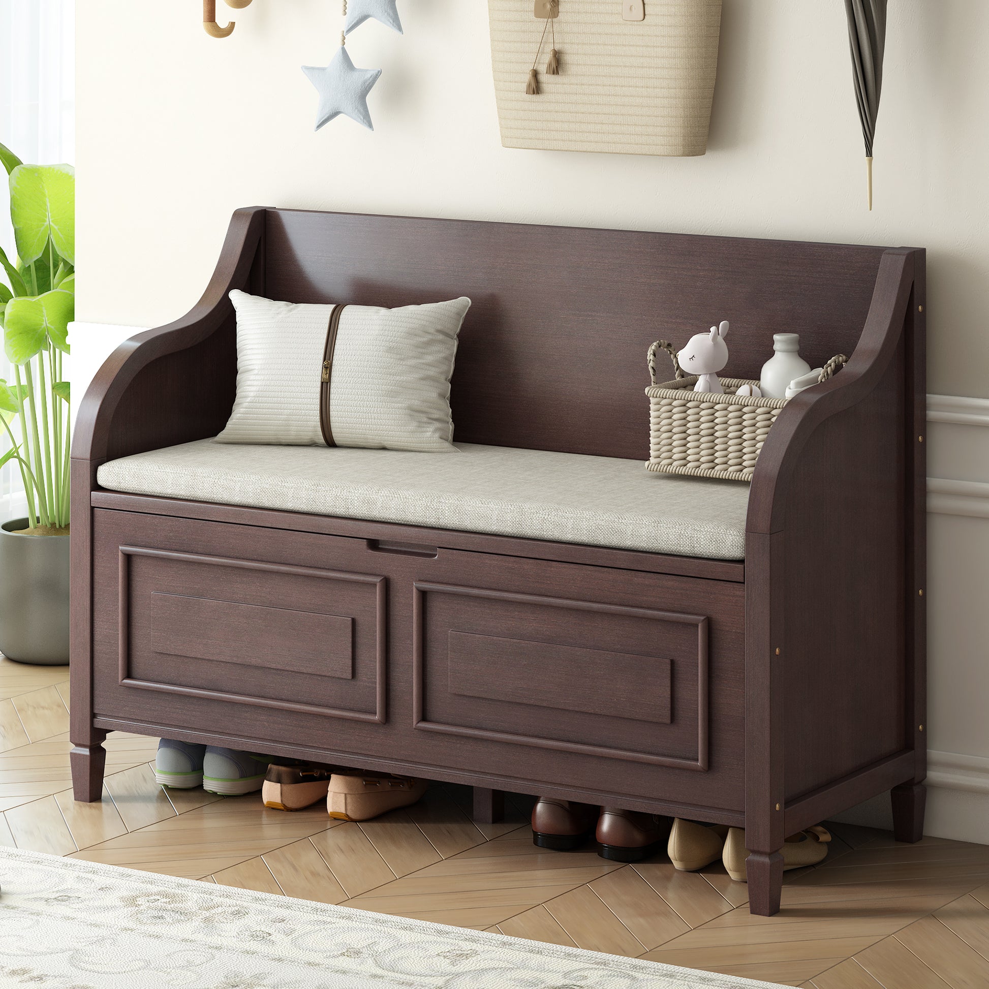 Rustic Style Solid Wood Entryway Multifunctional Storage Bench With Safety Hinge Espresso Beige High Back Espresso Primary Living Space Beige Mdf