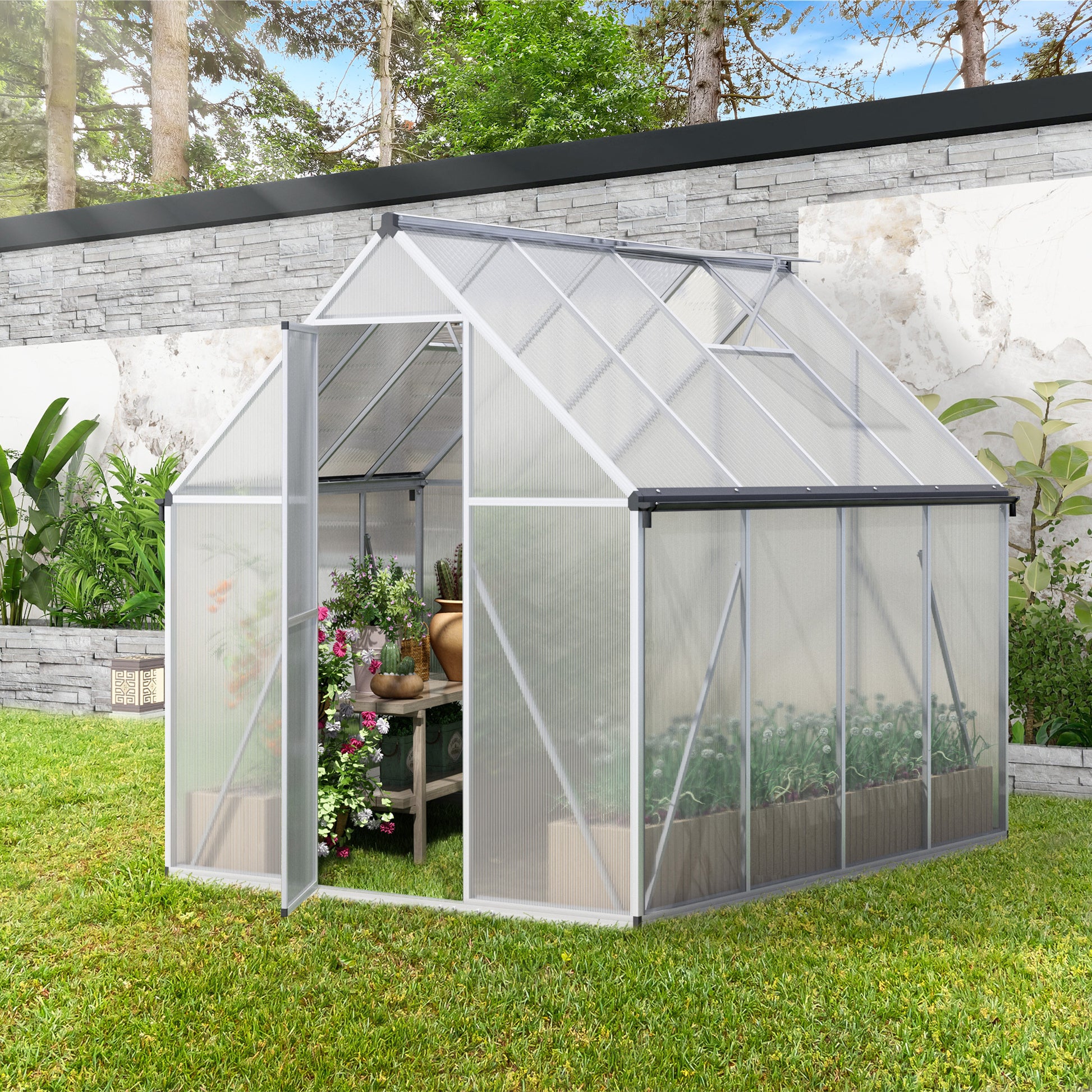 6X8 Ft Polycarbonate Greenhouse, Outdoor Walk In Green House With Vent Window, Hinged Door, Rain Gutter, Heavy Duty Aluminum Hot House For Backyard Garden Natural Aluminium