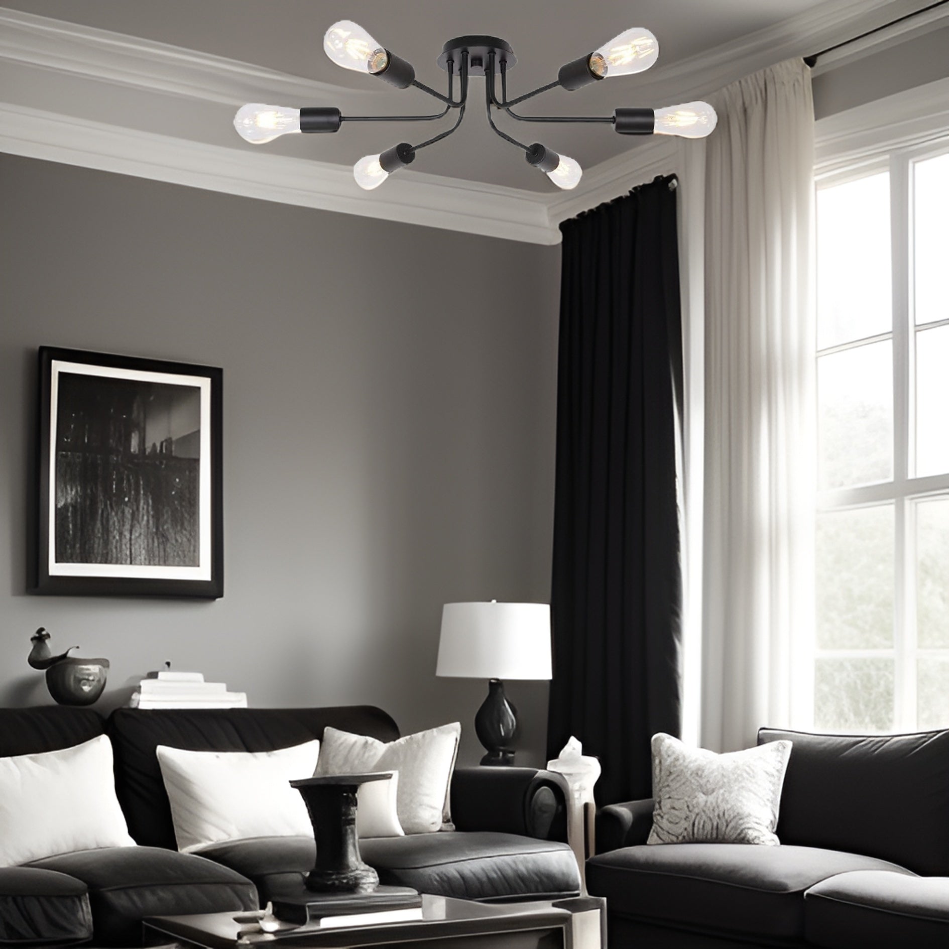 Modern Sputnik Chandelier 6 Light Semi Flush Mount Ceiling Lighting Cotemporary Industrial Brushed Nickel Ceiling Fixture Black Metal