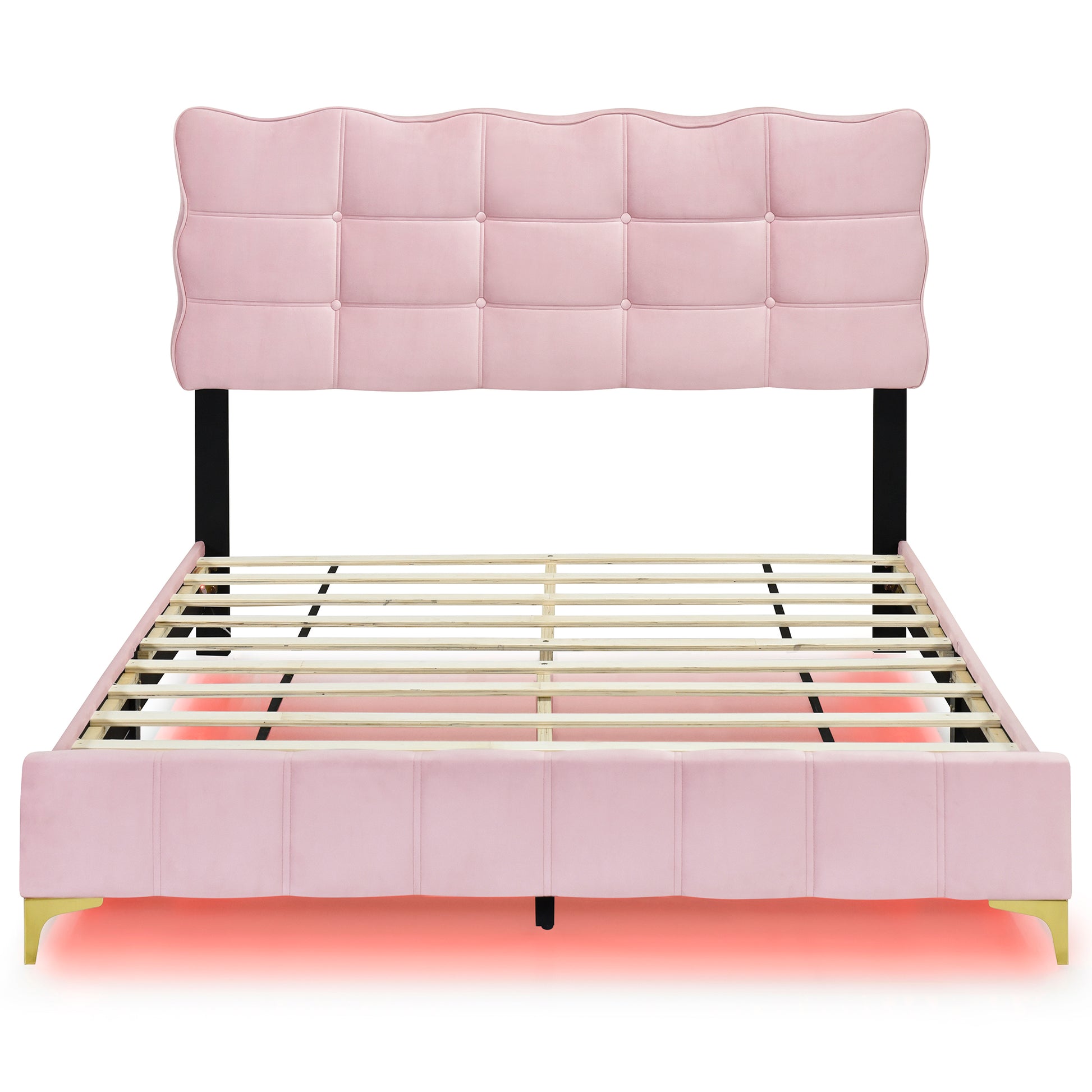 Queen Size Velvet Platform Bed With Led Frame And Stylish Mental Bed Legs, Pink Pink Velvet