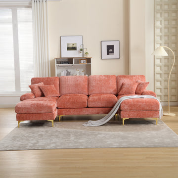 United Modern Large Chenille Fabric U Shape Sectional Sofa Pink Chenille