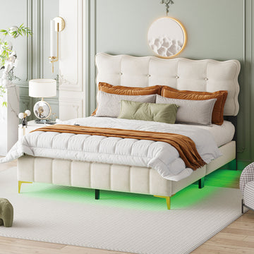 Queen Size Velvet Platform Bed With Led Frame And Stylish Mental Bed Legs, Beige Beige Velvet