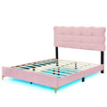 Queen Size Velvet Platform Bed With Led Frame And Stylish Mental Bed Legs, Pink Pink Velvet