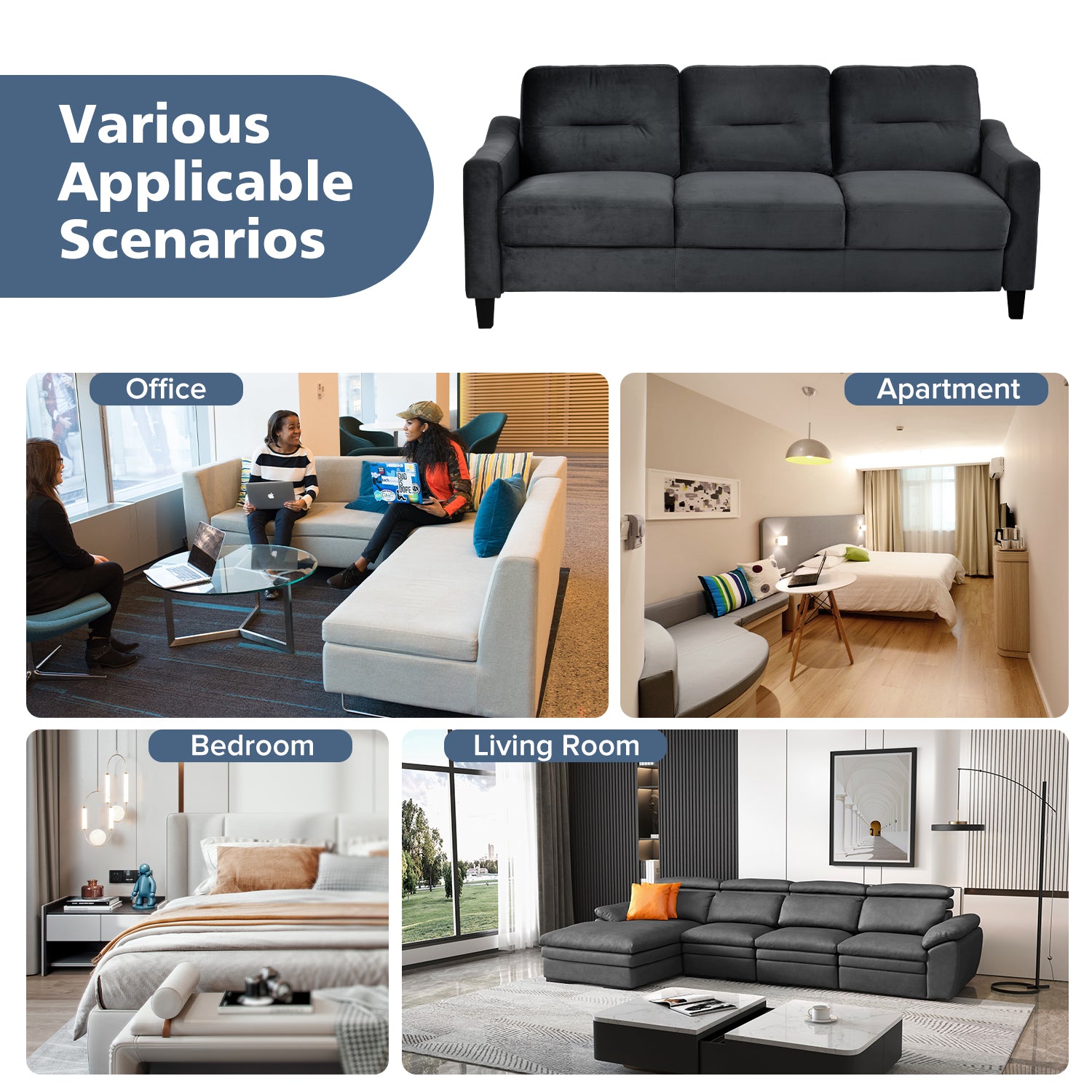 Couch Comfortable Sectional Couches And Sofas For Living Room Bedroom Office Small Space Black Wood Primary Living Space Soft Rubberwood Velvet 3 Seat