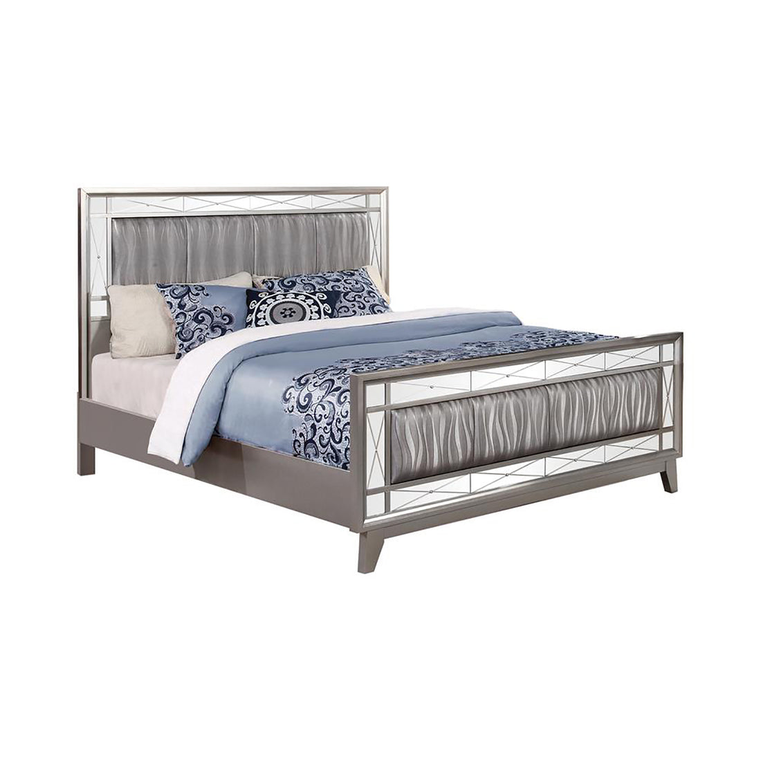 Metallic Queen Mercury Bed Queen Silver Wood Bedroom Contemporary,Modern Poplar Panel Faux Leather Wood