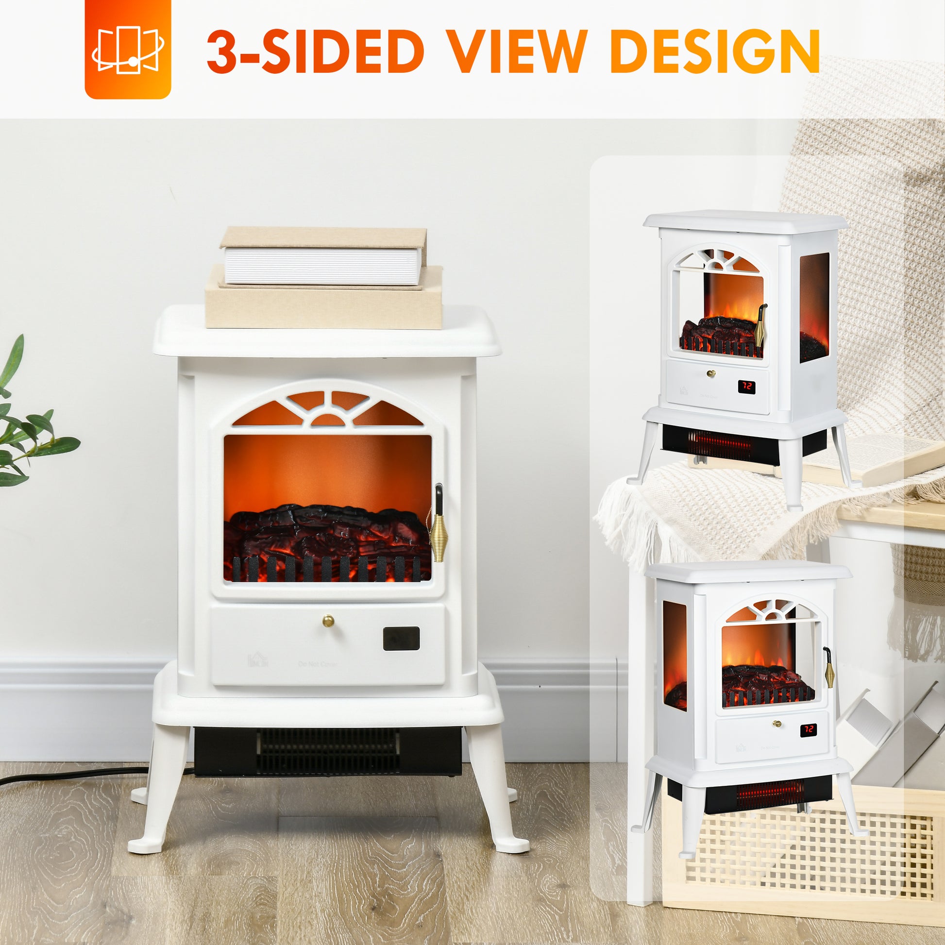 Homcom 23" Electric Infrared Fireplace Stove, Freestanding Fire Place Heater With Realistic Log Flame, Adjustable Temperature, Timer, 1000W 1500W, White White Abs