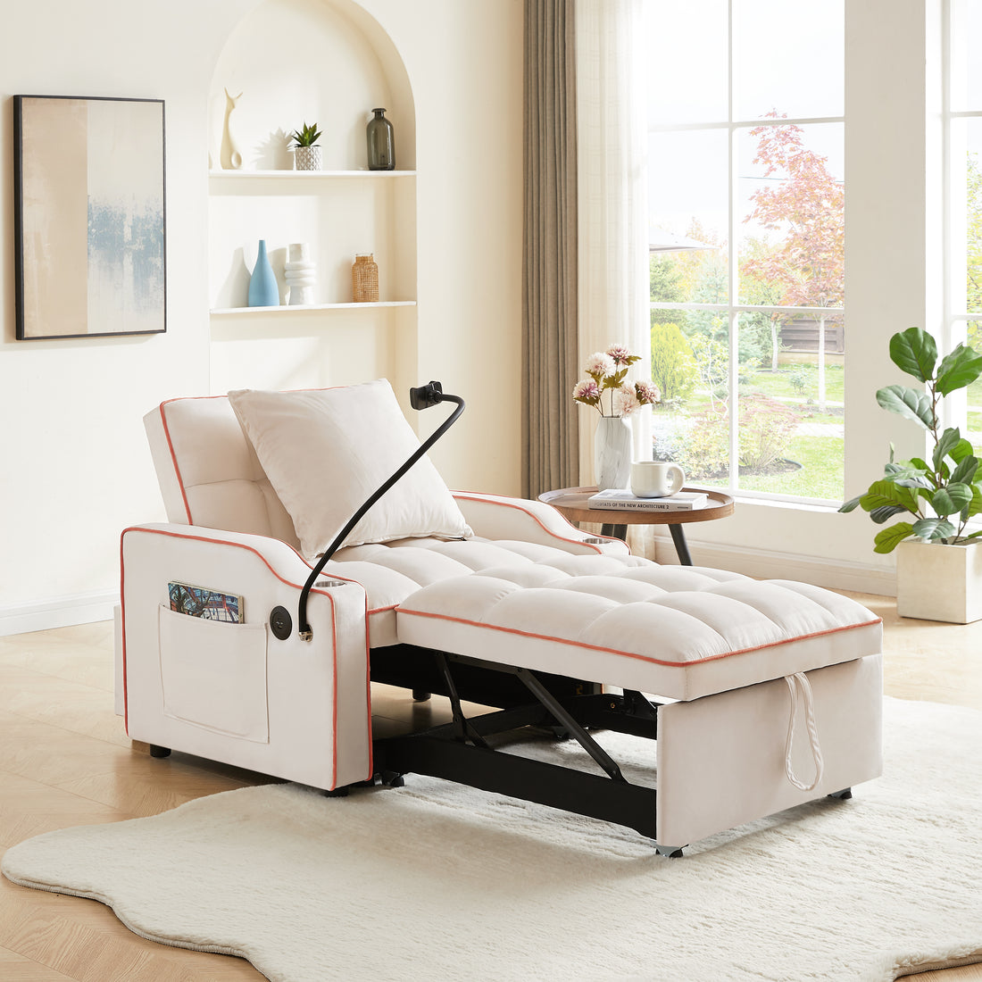 3 In 1 Sofa Bed, Convertible Sleeper Chair Sofa Bed Adjustable Pull Out Sleeper Chair Bed Multi Pockets Folding Sofa Bed For Living Room Bedroom Small Space Beige Velvet 1 Seat