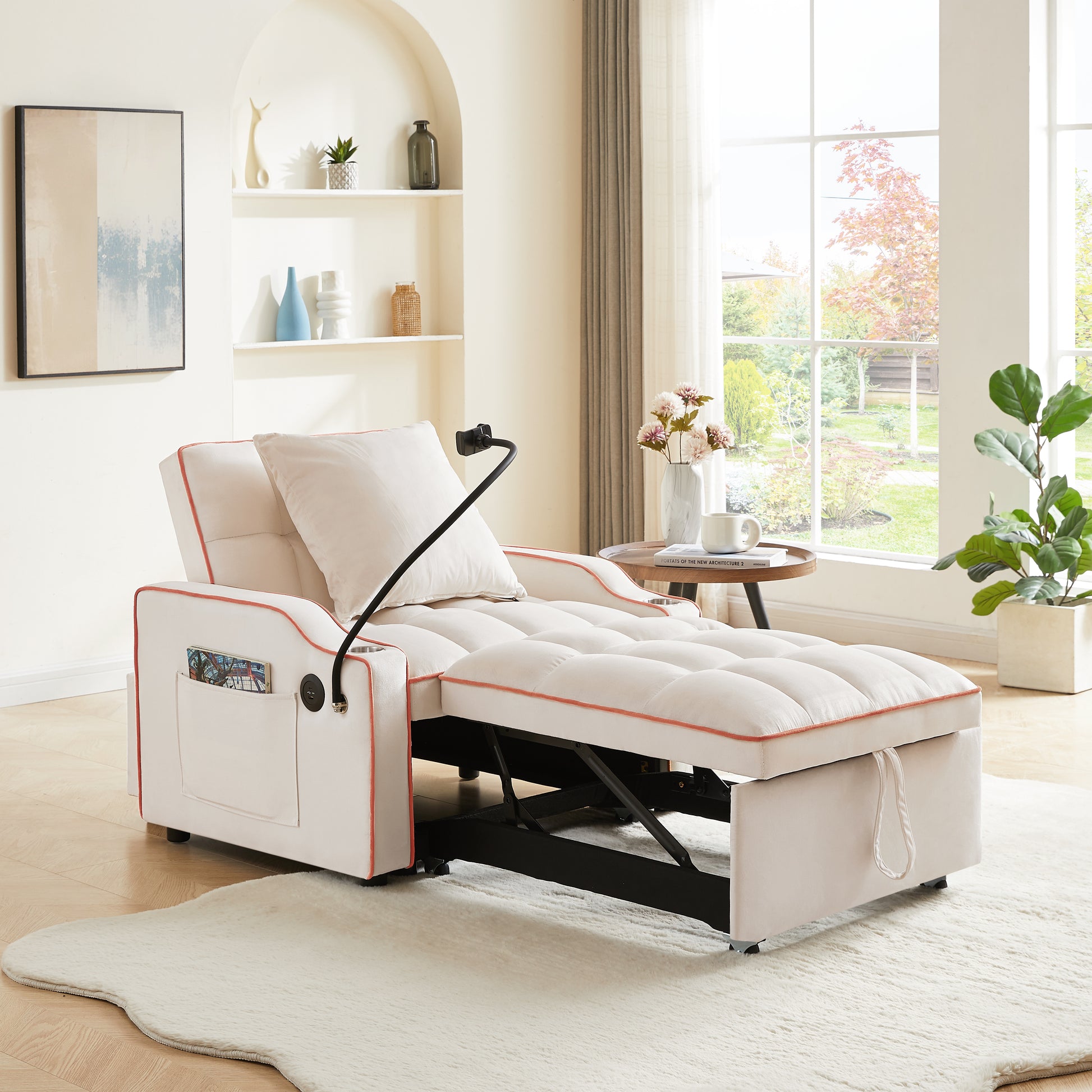 3 In 1 Sofa Bed, Convertible Sleeper Chair Sofa Bed Adjustable Pull Out Sleeper Chair Bed Multi Pockets Folding Sofa Bed For Living Room Bedroom Small Space Beige Velvet 1 Seat