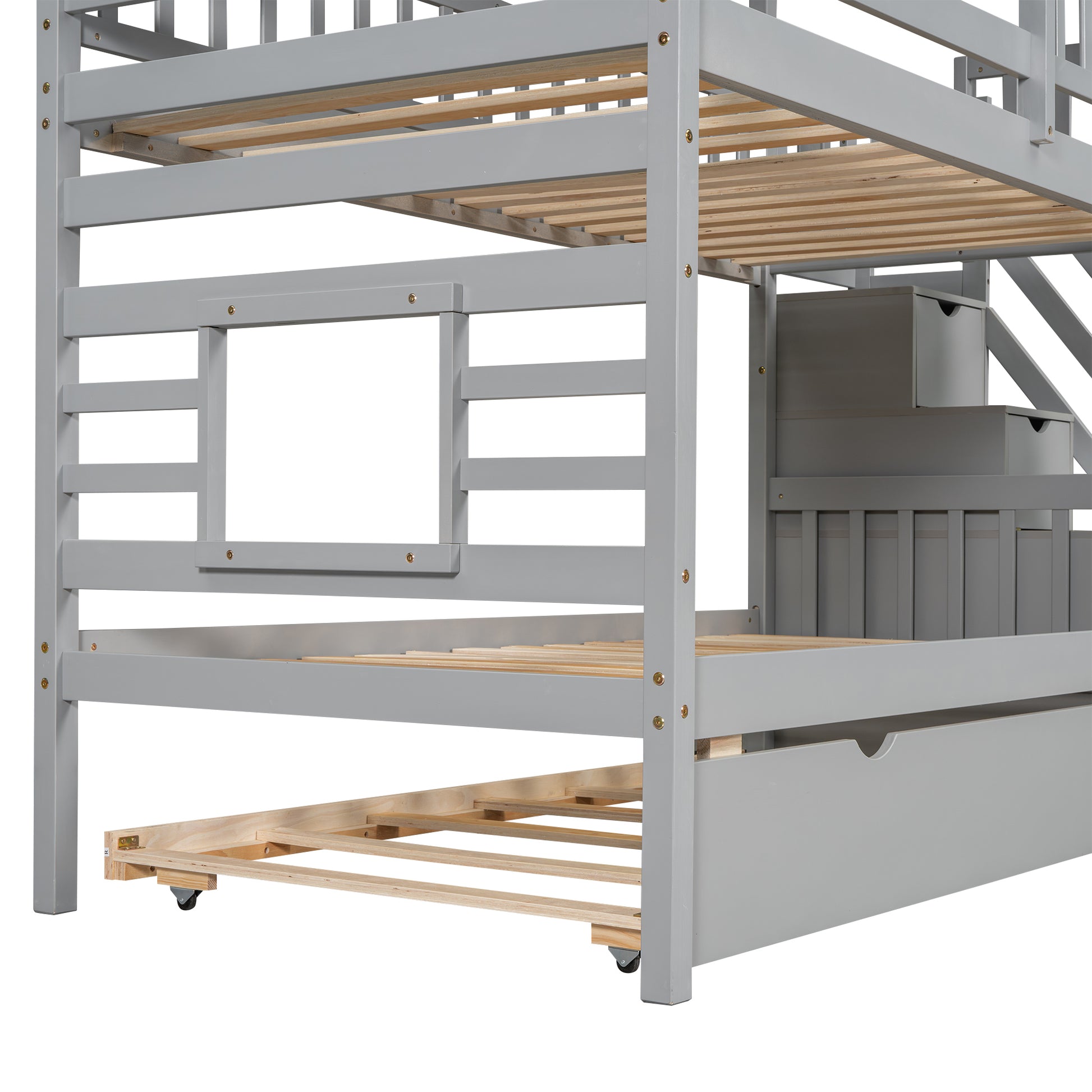 Twin Over Twin House Bunk Bed With Trundle And Slide, Storage Staircase, Roof And Window Design, Gray Old Sku: Gx000931Aae Box Spring Not Required Twin Gray Wood Bedroom Bunk Pine