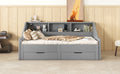 Twin To King Size Daybed Frame With Storage Bookcases And Two Drawers,Charging Design,Gray Gray Solid Wood Mdf