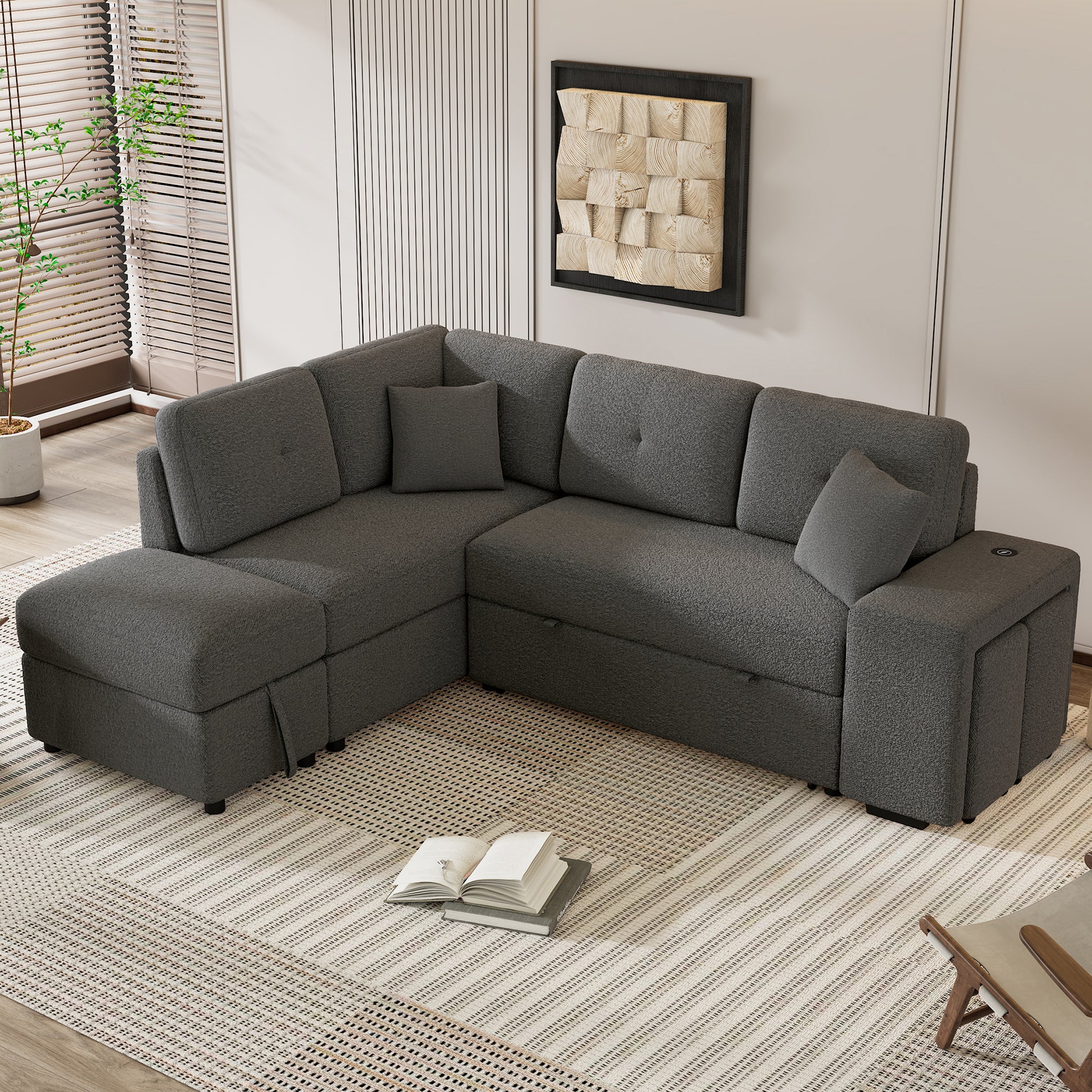 87.7" Convertible Sleeper, Sectional Pull Out Sofa Bed With Storage Ottoman, 2 Throw Pillows, 2 Stools, Wireless Charger And Two Hidden Usb Ports For Living Room, Dark Gray Dark Gray Chenille 4 Seat