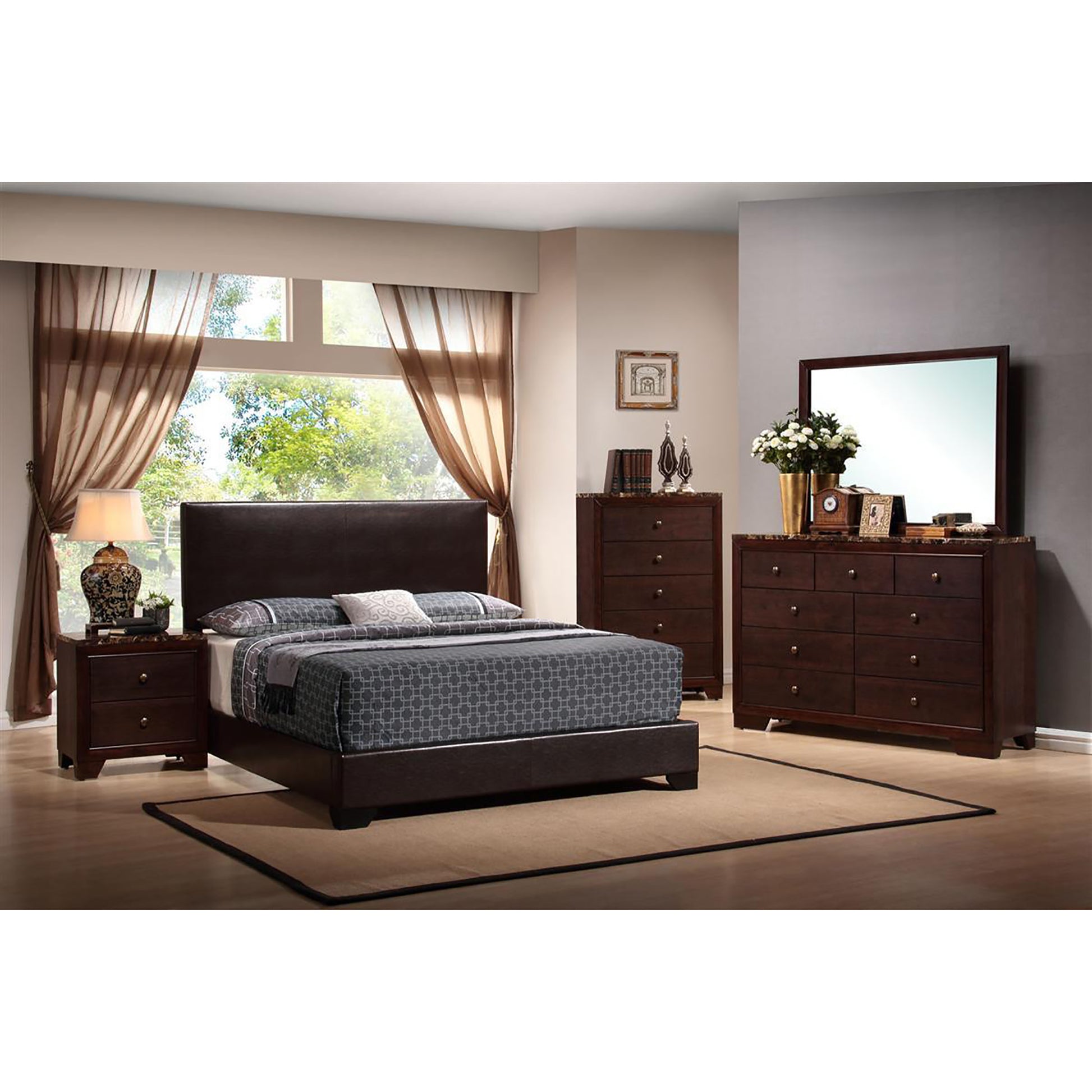 Clara Dark Brown Queen Panel Bed Box Spring Required Queen Brown Wood Bedroom Contemporary,Modern Rubberwood Panel Faux Leather Upholstered