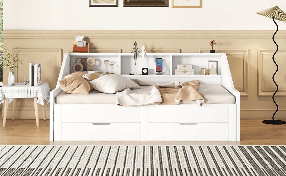 Twin To King Size Daybed Frame With Storage Bookcases And Two Drawers,Charging Design,White White Solid Wood Mdf