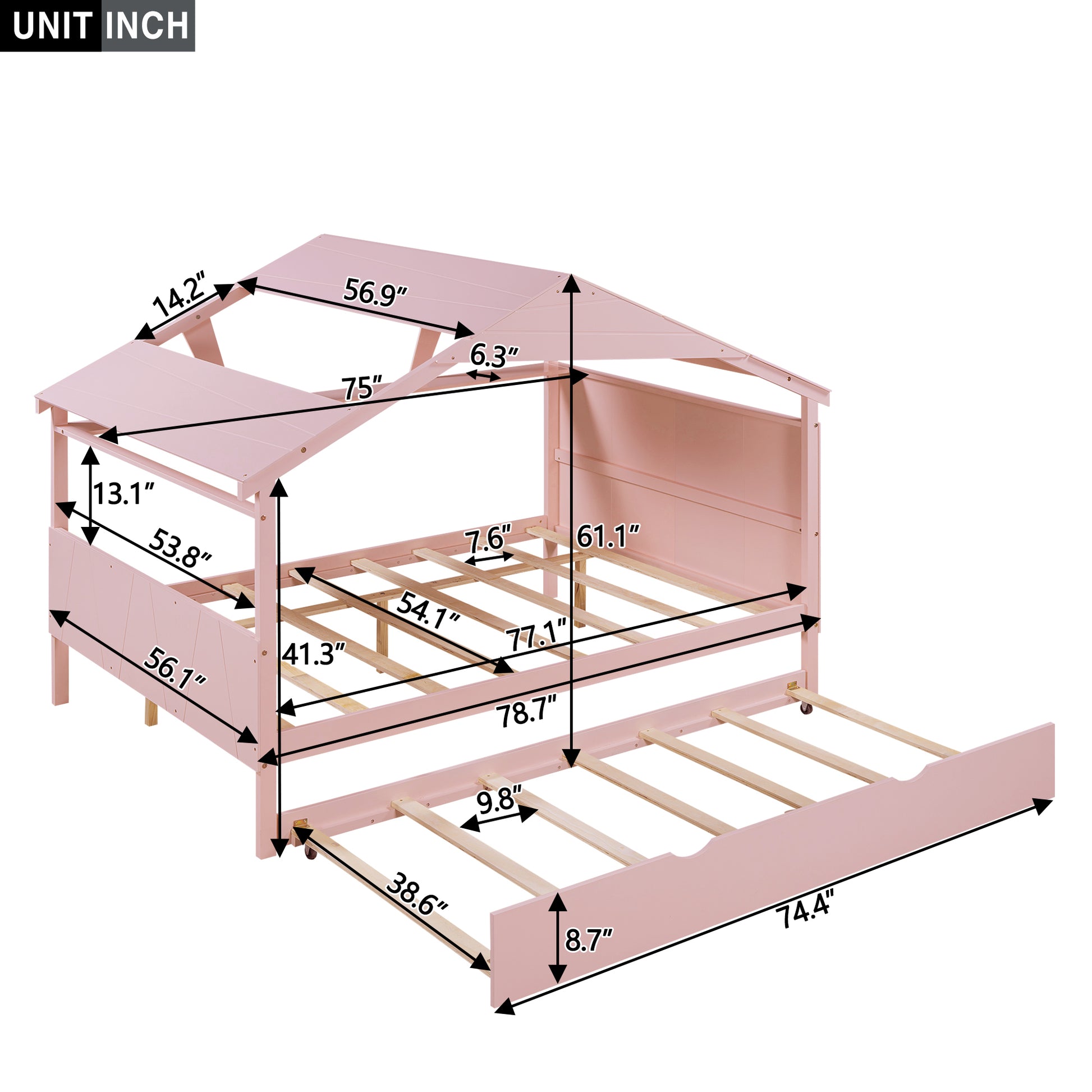 Wood Full Size House Bed With Twin Size Trundle And Storage, Pink Box Spring Not Required Full Pink Wood Bedroom Solid Wood Mdf