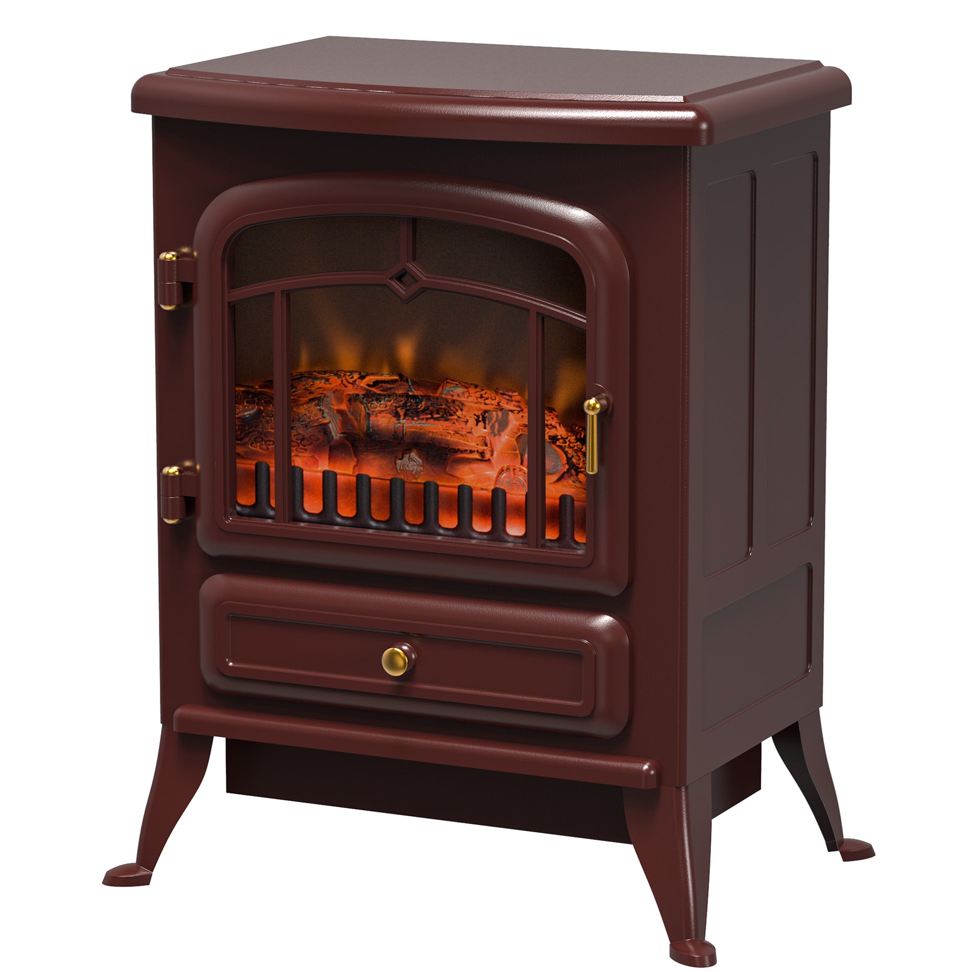 Homcom 22" Electric Fireplace Heater, Freestanding Fire Place Stove With Realistic Led Flames And Logs, And Overheating Protection, 750W 1500W, Red Red Tempered Glass