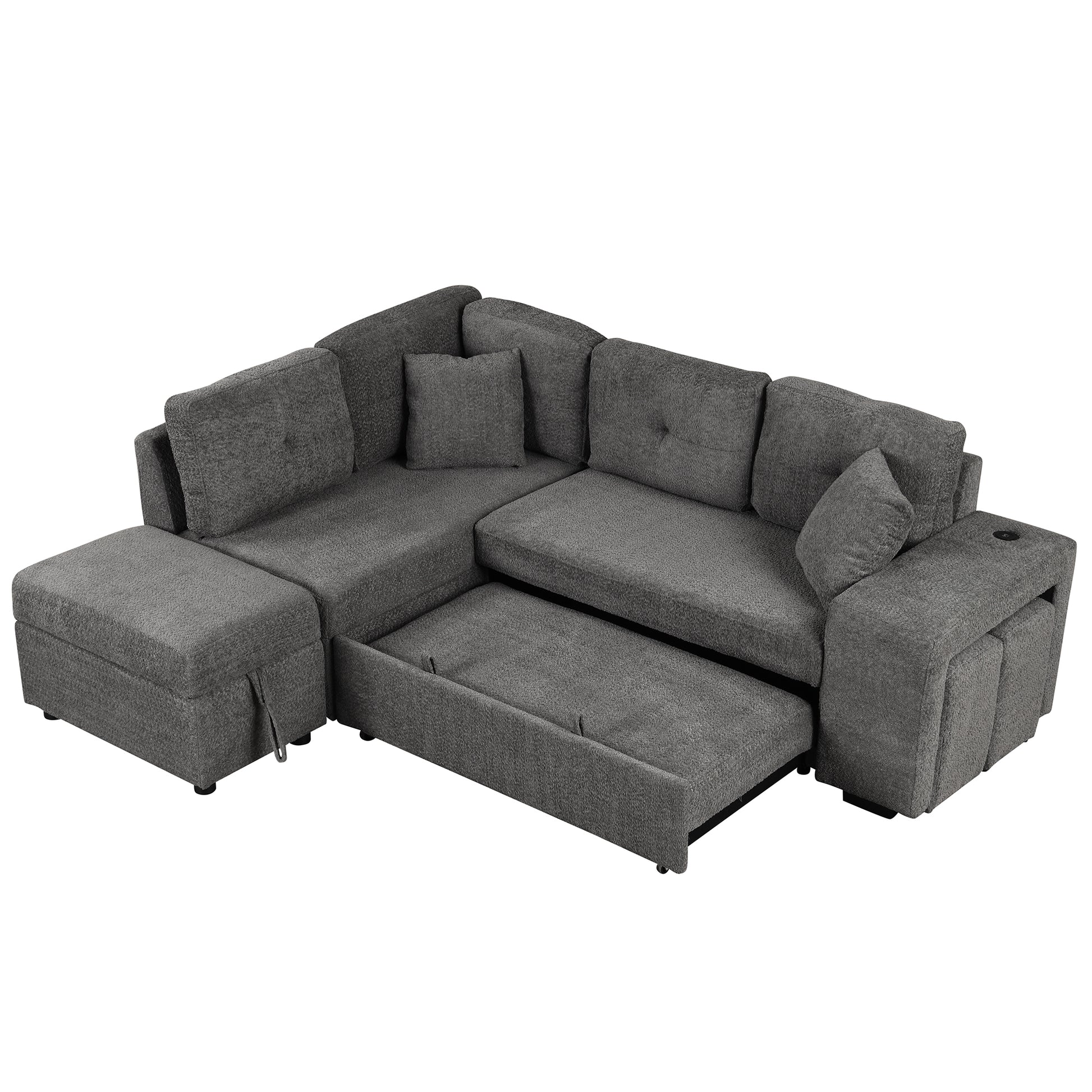 87.7" Convertible Sleeper, Sectional Pull Out Sofa Bed With Storage Ottoman, 2 Throw Pillows, 2 Stools, Wireless Charger And Two Hidden Usb Ports For Living Room, Dark Gray Dark Gray Chenille 4 Seat