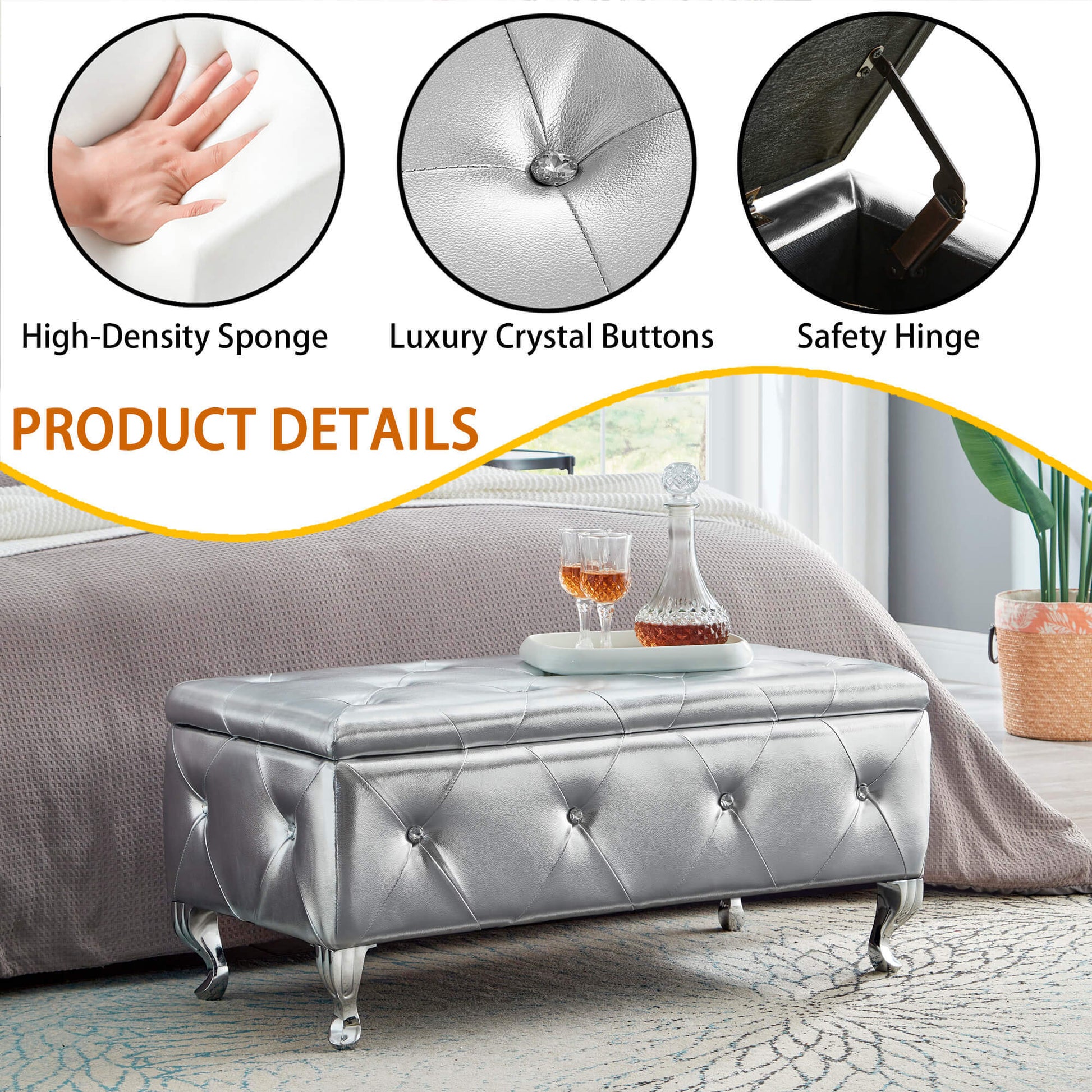 Upholstered Storage Ottoman Bench For Bedroom End Of Bed Faux Leather Rectangular Storage Benches Footrest With Crystal Buttons For Living Room Entryway Silver White Wood Bedroom Black Pattern Pine Wood With Storage Silver Faux Leather Faux Leather