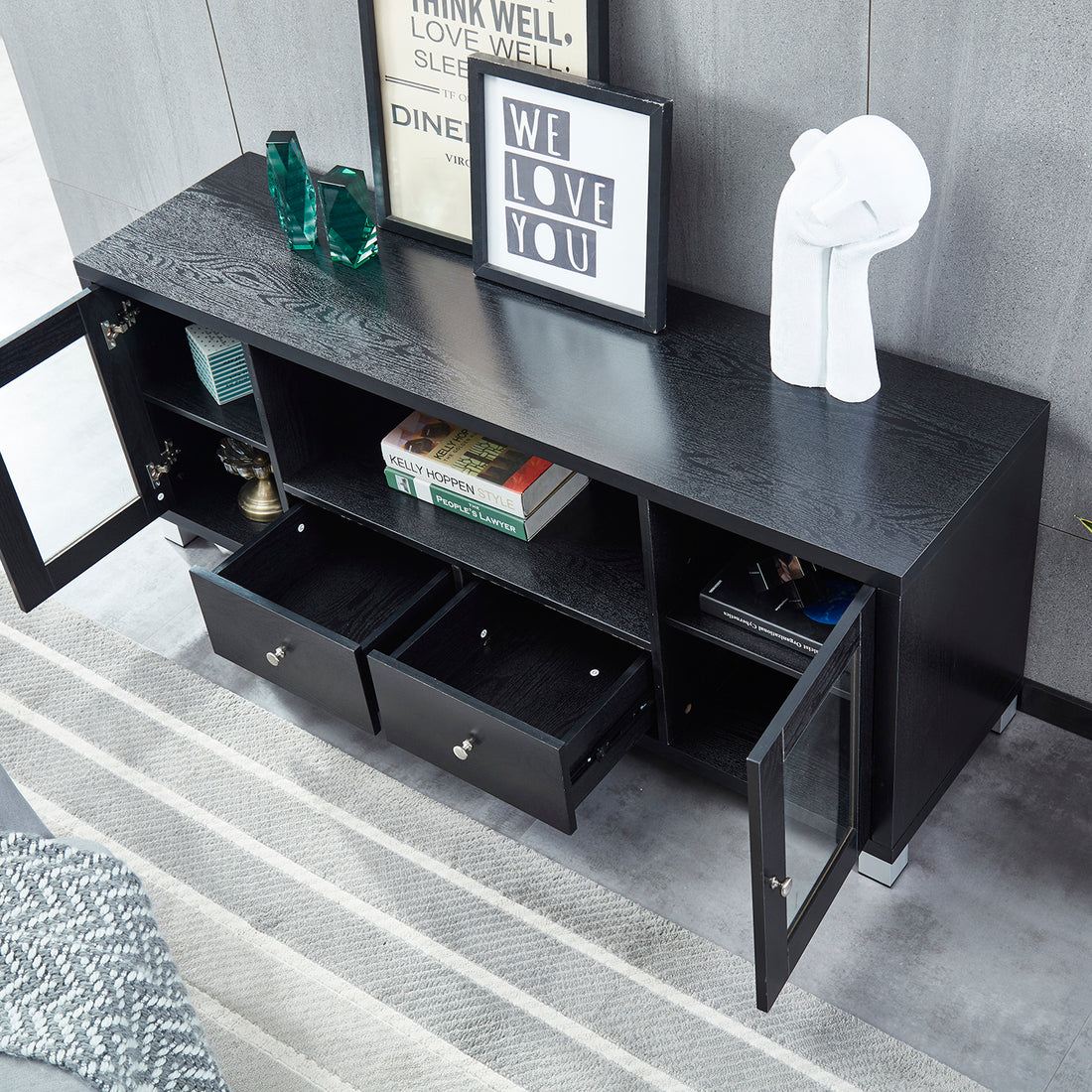 Wood Tv Stand Media Console With Storage Cabinet For Living Room, Bedroom, Black Wood Grain Finish Black Dining Room Adjustabel Shelves Mdf Glass