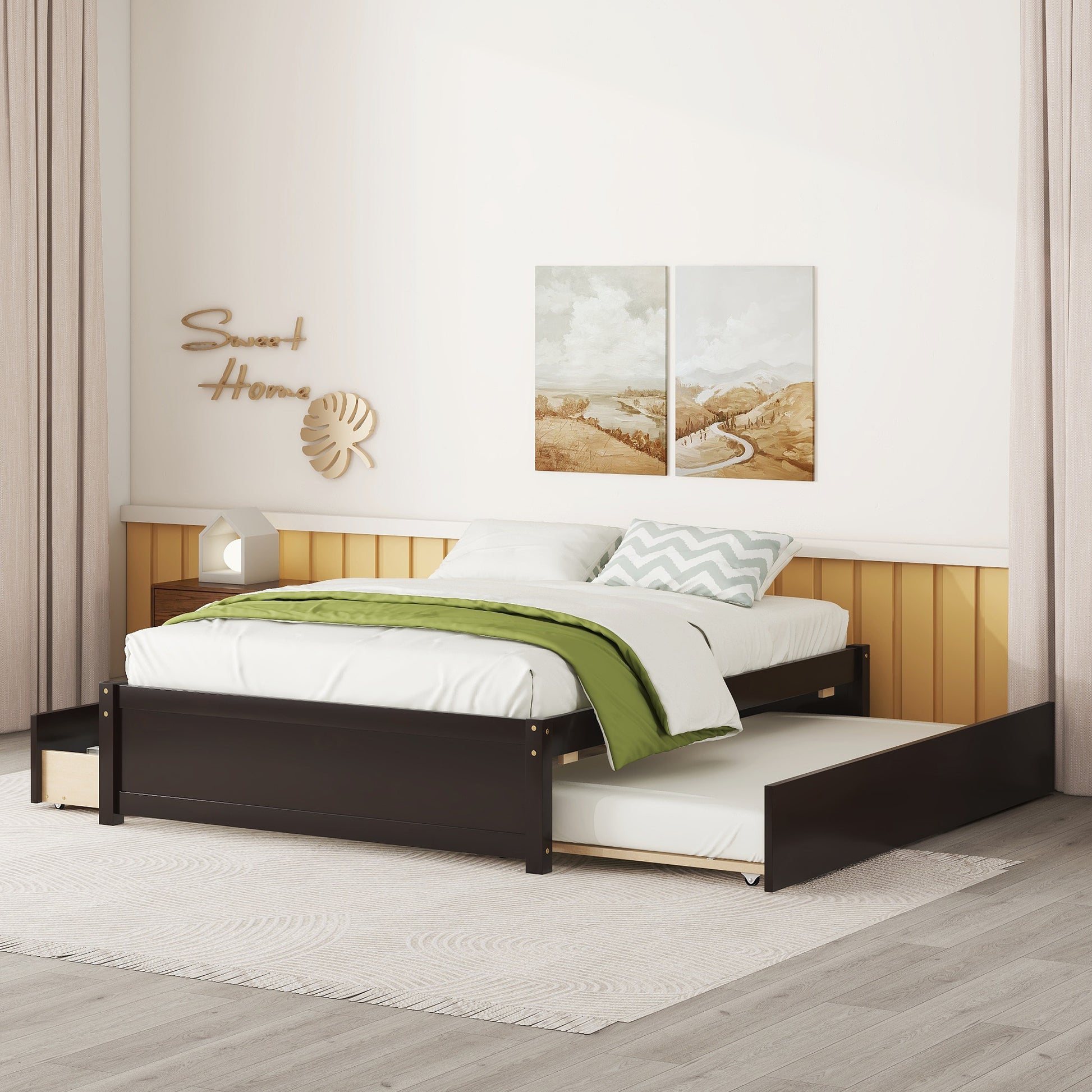 Full Bed With Twin Size Trundle And Two Drawers For Espresso Color Full Espresso Bedroom Solid Wood