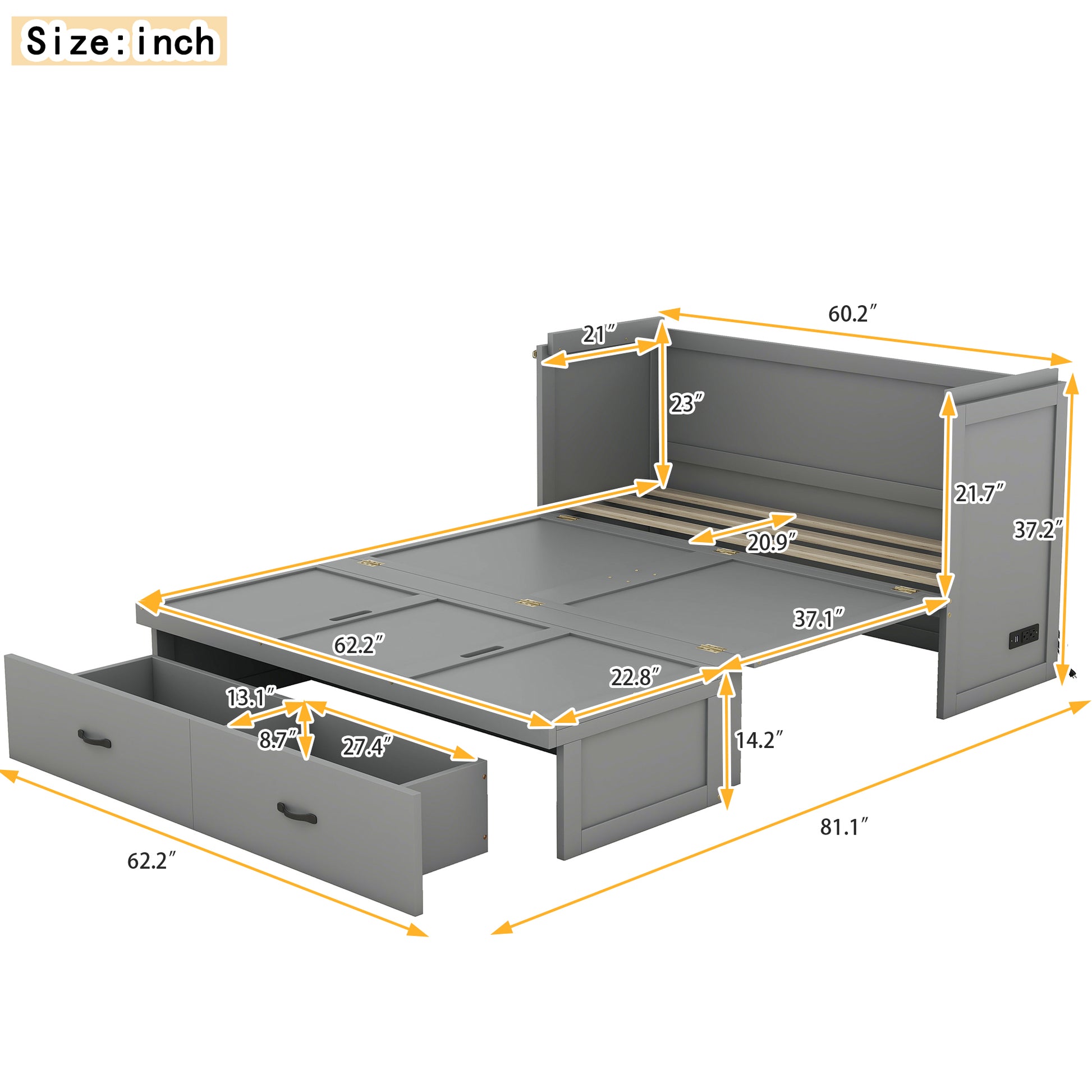 Queen Size Murphy Bed With Usb Port And A Large Drawer, Gray Gray Solid Wood Mdf