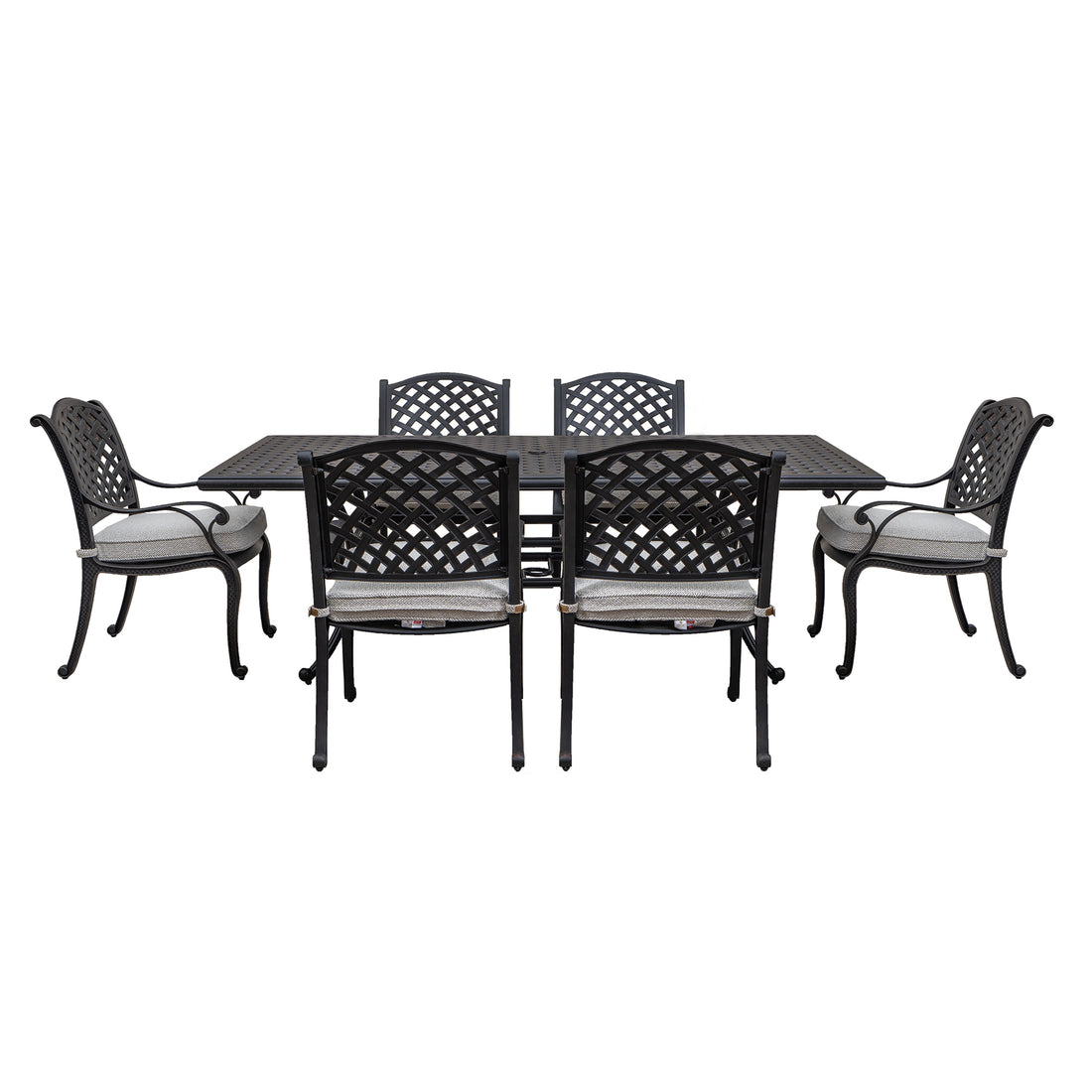 Stylish Outdoor 7 Piece Aluminum Dining Set With Cushion, Sandstorm Antique Gray Aluminium